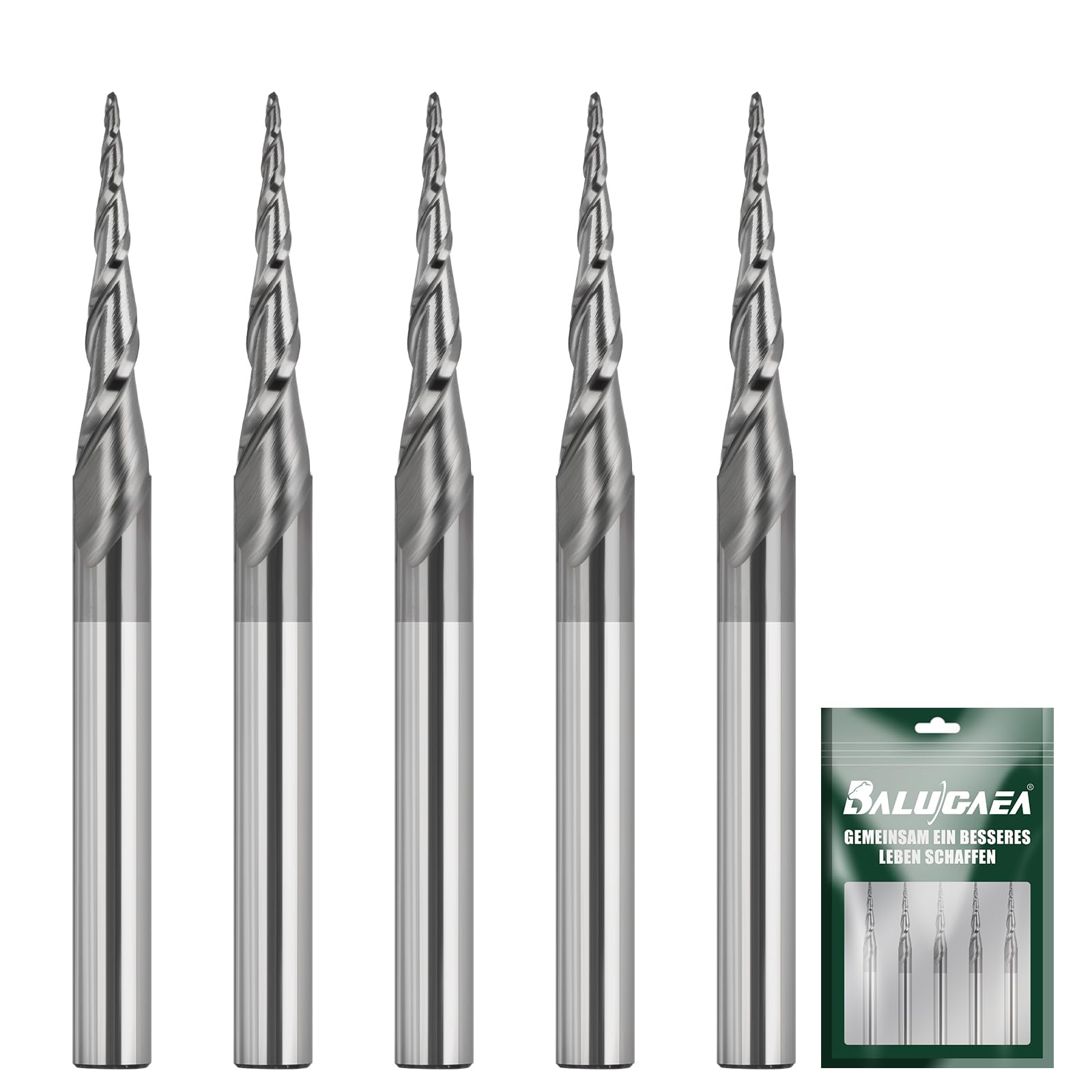 Lot de 5 fraises à tête sphérique - Rayon de 0,25 mm - Fraise CNC en bois - 3,175 mm - Tige 1/8" - 2 flûtes - Longueur totale : 40 mm - Pointe conique - Fraise à queue VHM - Pour gravure 2D