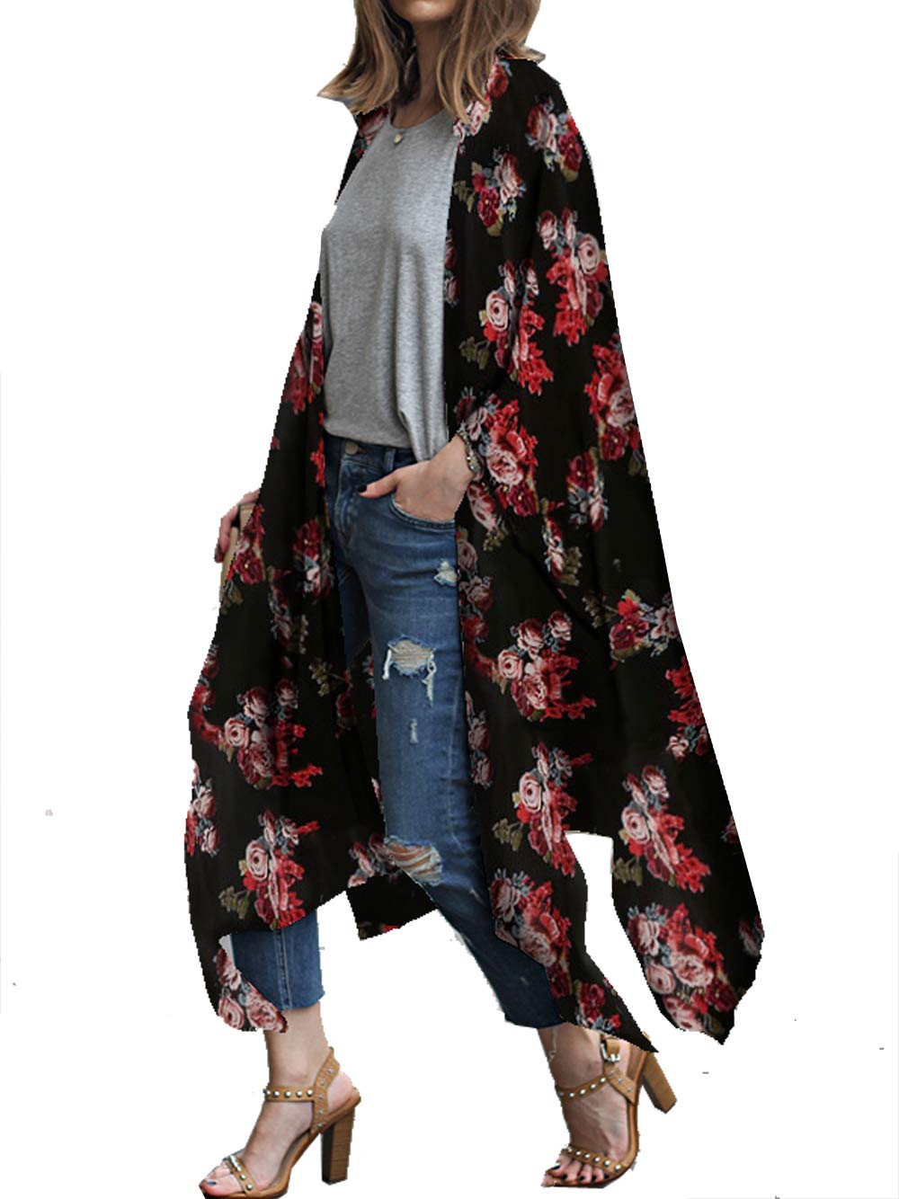 CASURESS Women's Sheer Chiffon Blouse Tops Kimono Cardigan Floral Loose Cover Ups Outwear Plus Size