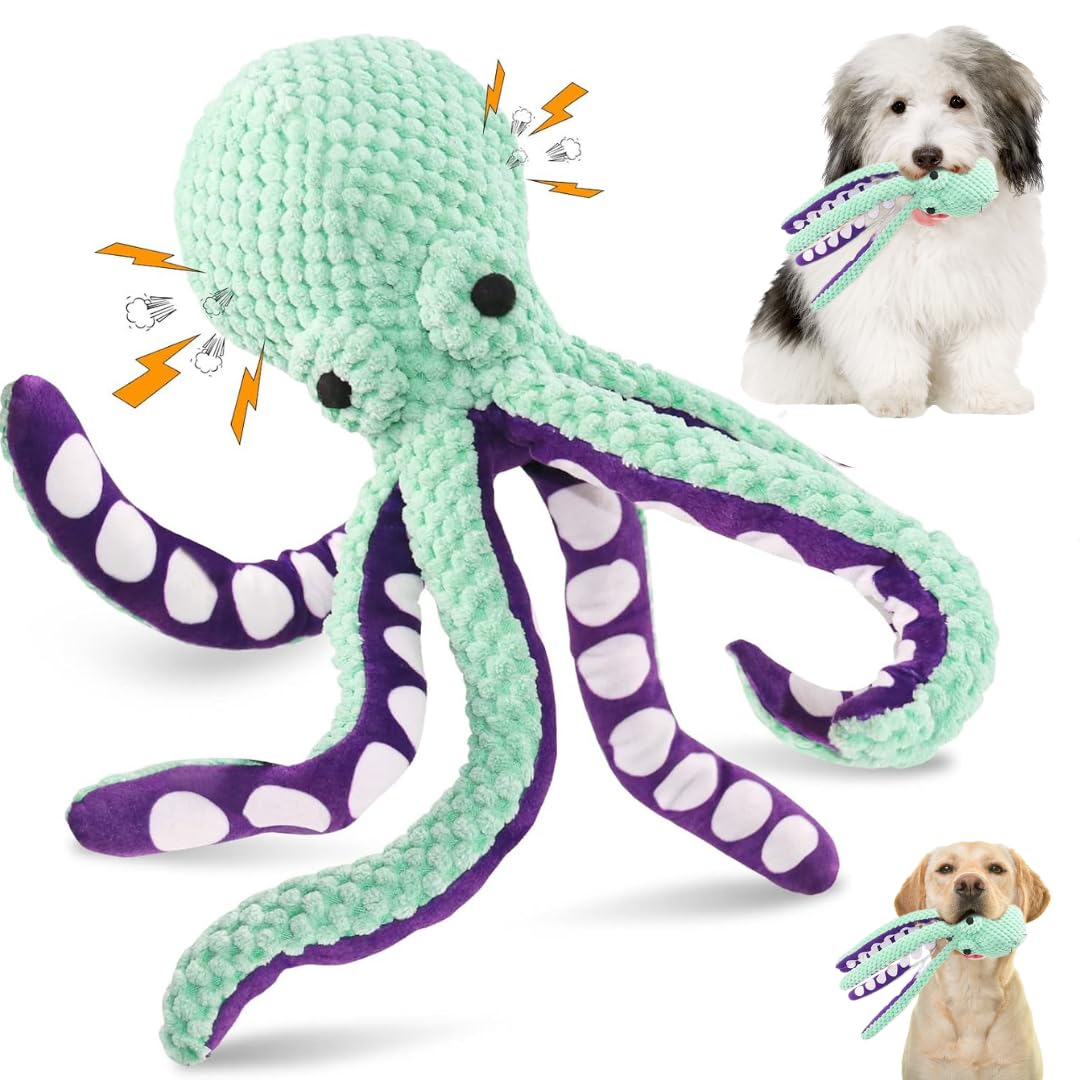 Mint Green Plush Octopus Dog Toy with Soft Fabric for All Breed Sizes, Squeaky Pet Toy, Interactive Dog Entertainment Toy