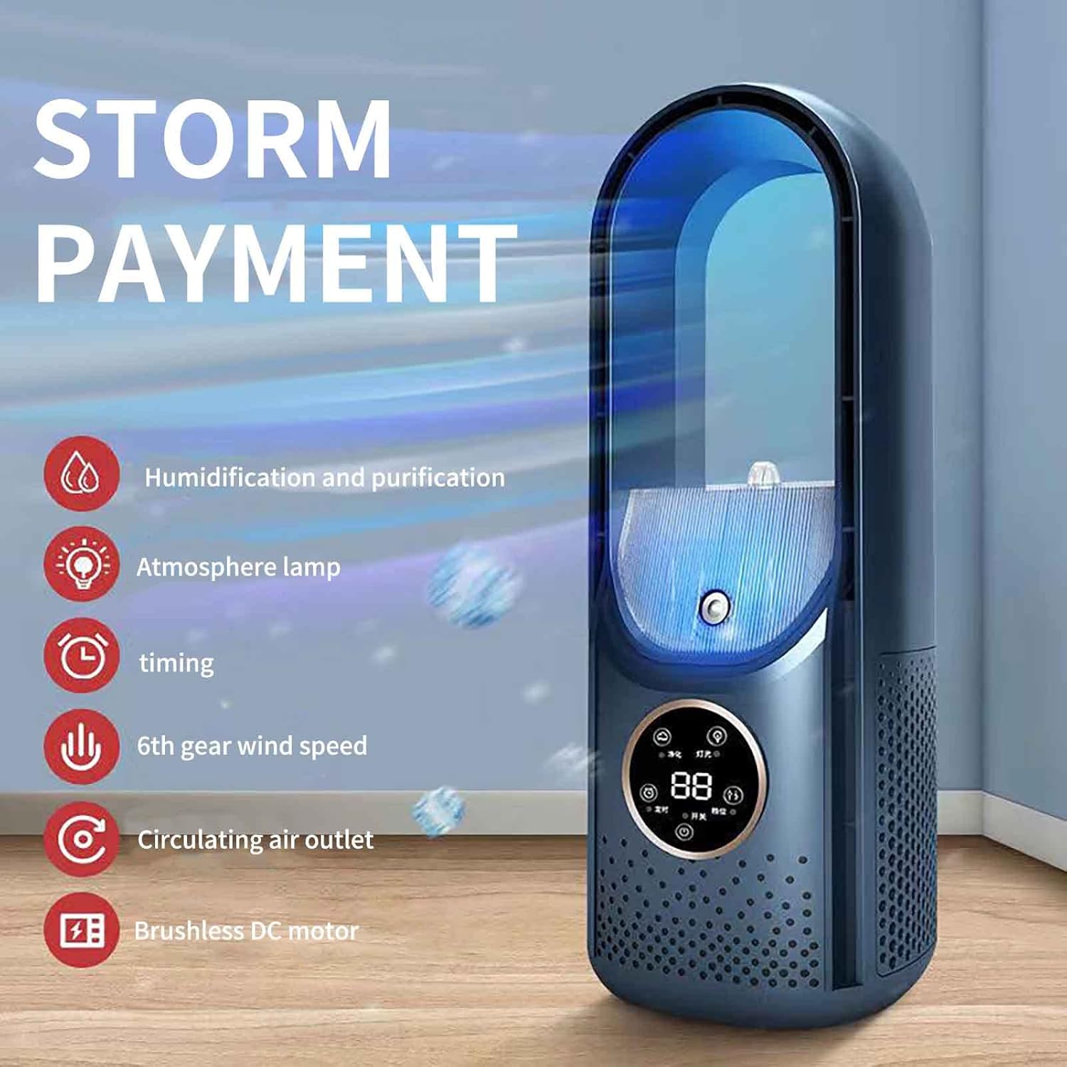 Household Portable USB Leafless Fan Humidification - Multifunctional Household Dormitory Office Desktop 6 Wind Speed Electric Low Noise Timing Air Cooler Conditioning Mini Fan(Blue)