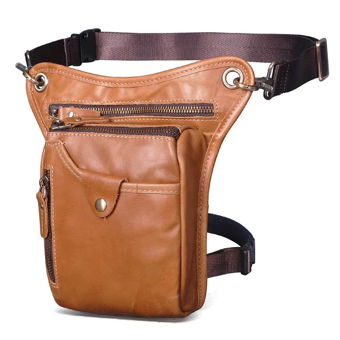 Le'aokuu Mens Womens Genuine Leather Motorcycle Waist Pack Messenger Shoulder Hip Bum Drop Leg Thigh Bag Pouches (211-5 A4 Brown)