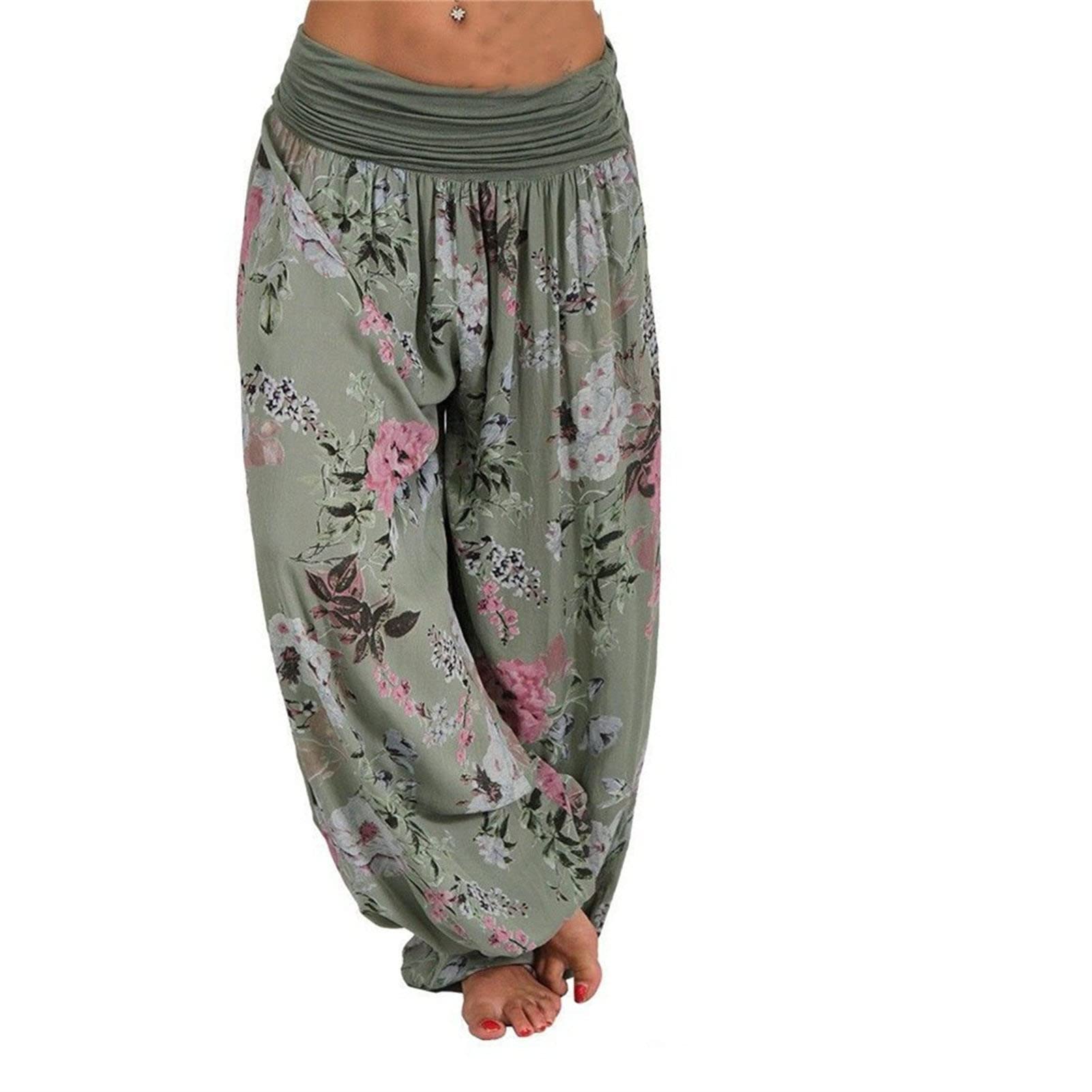 Womens Boho Hippie Harem Pants Floral Loose Wide Leg Summer Beach Pants Printed Flowy Baggy Casual Trousers