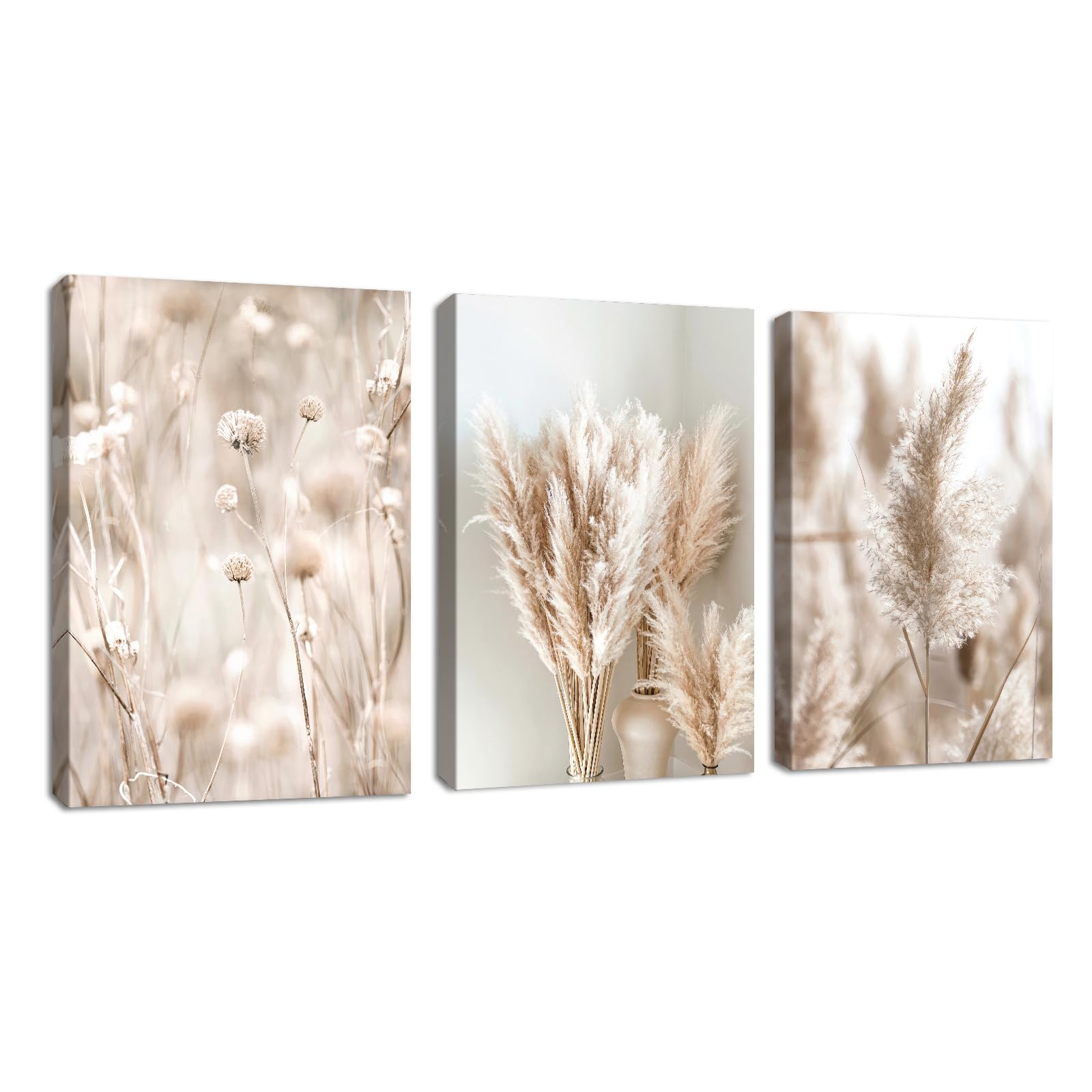 3Pcs Boho Marco de Madera Cuadros decorativos moderna cuadros lienzo decorativos Beige Plantas de pampa Cuadros Decorativos Salón Dormitorio Comedor Decoración de Pared Listo para colgar 30x40cmx3