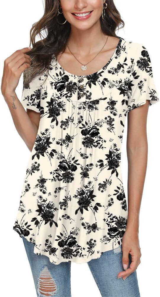 POPYOUNG Summer Womens Tunic Tops Loose Fit dressy Casual Short Sleeve Shirts to wear with Leggings - Image 2