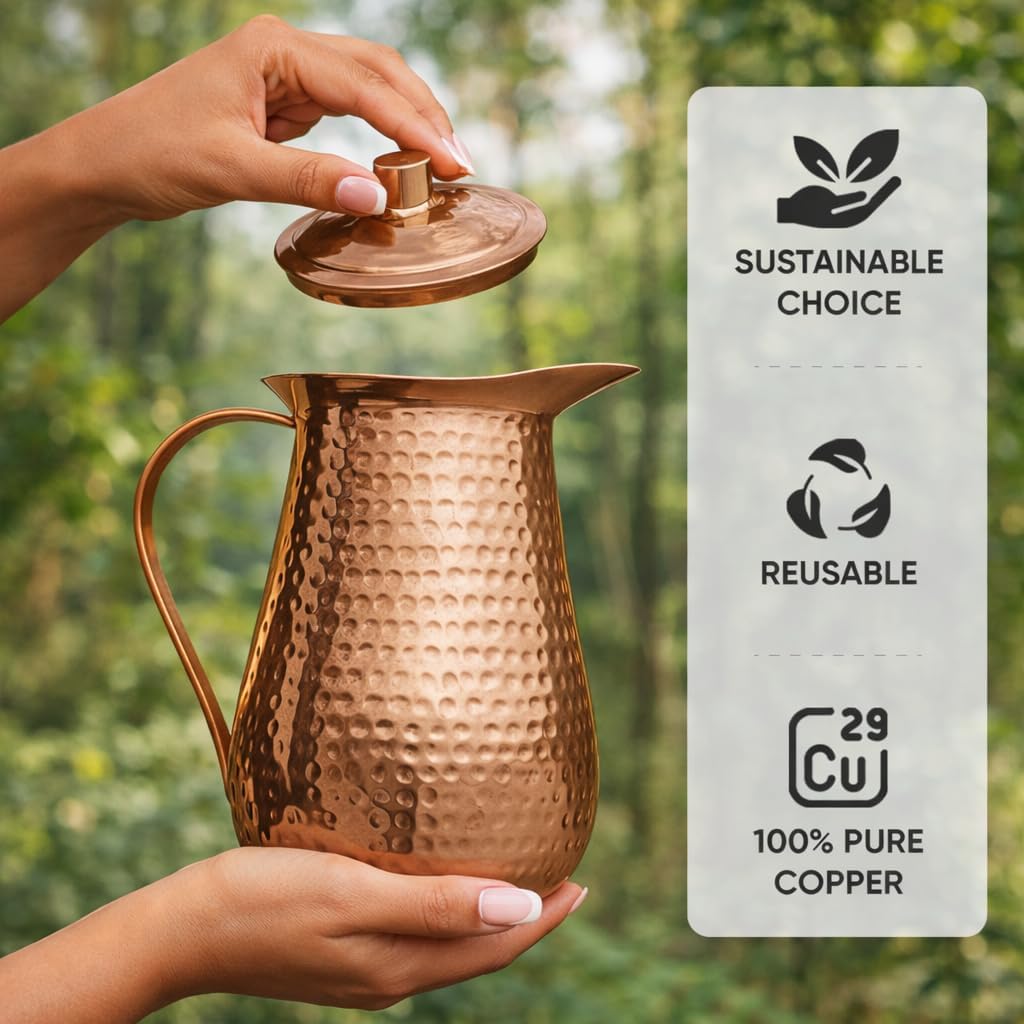 Bold & Divine Copper Water Pitcher with Lid – 100% Pure Copper Jug for Drinking Water, Juices and Beverages (68oz / 2L) | Handcrafted Hammered Vessel