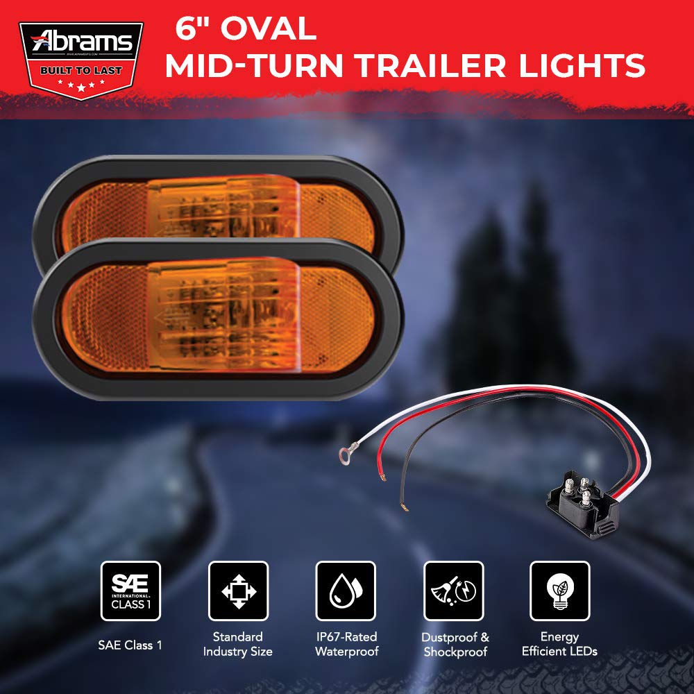 6 Inch Mid Turn Amber 9 LED Trailer Light - Oval Truck Park Turn Signal Light [IP67] RV DOT Certified Semi Truck Turnlight w/Reflector [Bright LEDs Colored Lens] Grommet & Plugs Included [2 Pack]