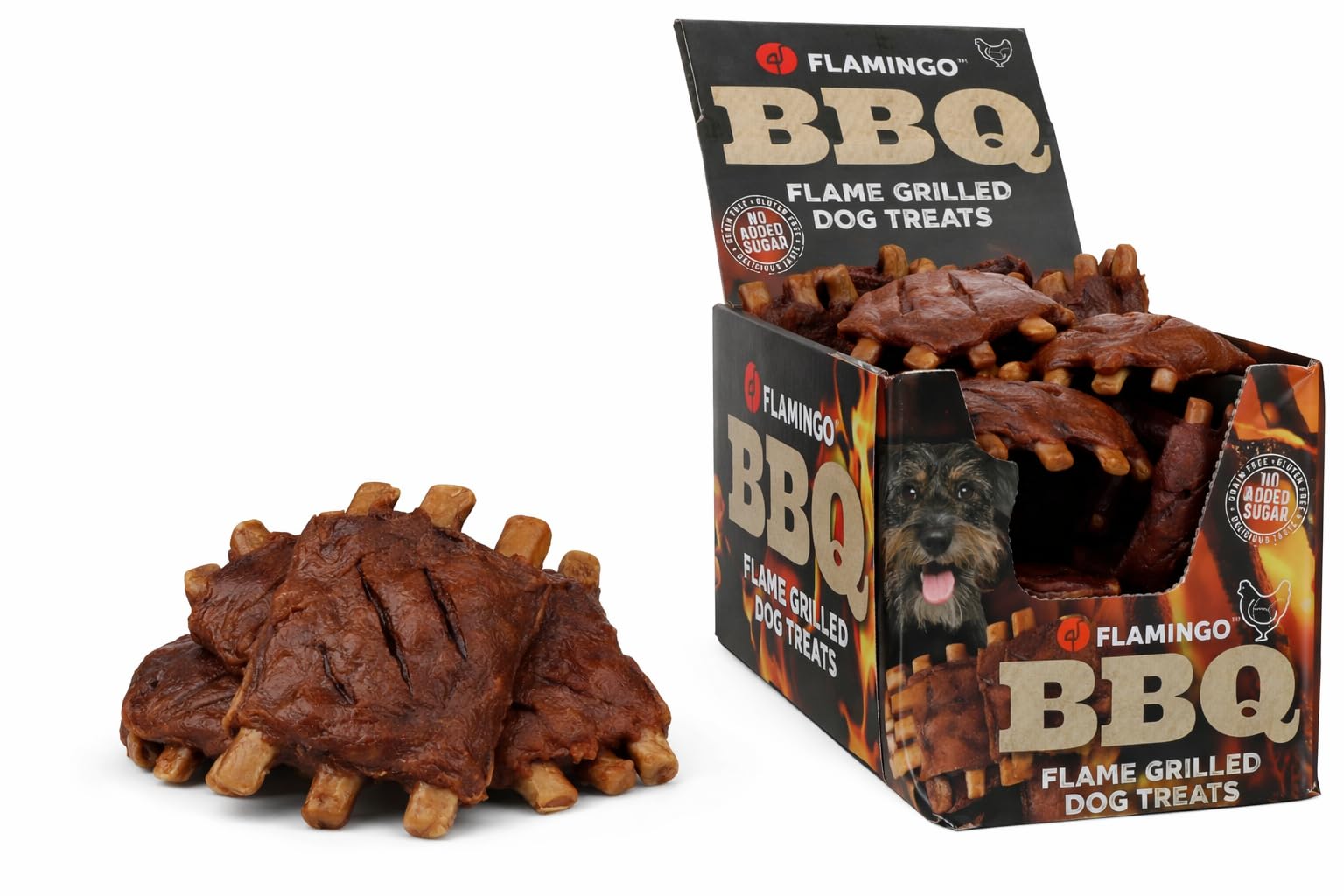 Snacks para Perros - Flamingo BBQ Ribs con Pollo L - 7 x 5 x 1 cm - 1,9 kg Display - Rica en proteínas - sin Gluten - sin Cereales - sin azúcares añadidos