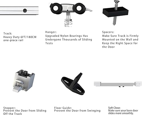 Miniatura 7 de JUBEST Kit de herrajes para puerta corrediza de granero de 6 pies, riel de caja de aleación de aluminio, herrajes para puerta corredera oculta, riel