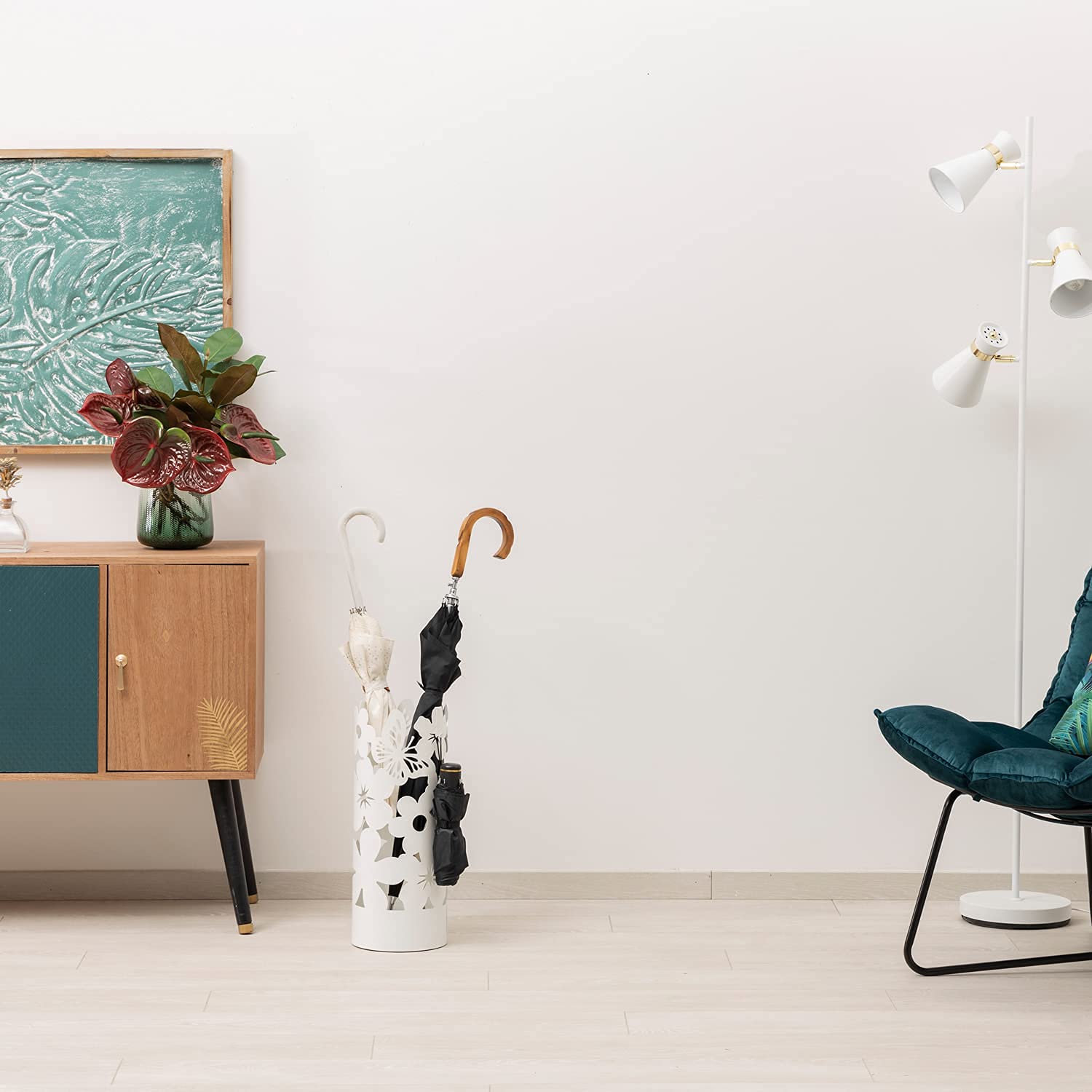 Baroni Home Paragüero de diseño Moderno para Paraguas de Metal Flowers con 2 Ganchos y Bandeja escurridor extraíble 19x19x49 cm (Blanco)