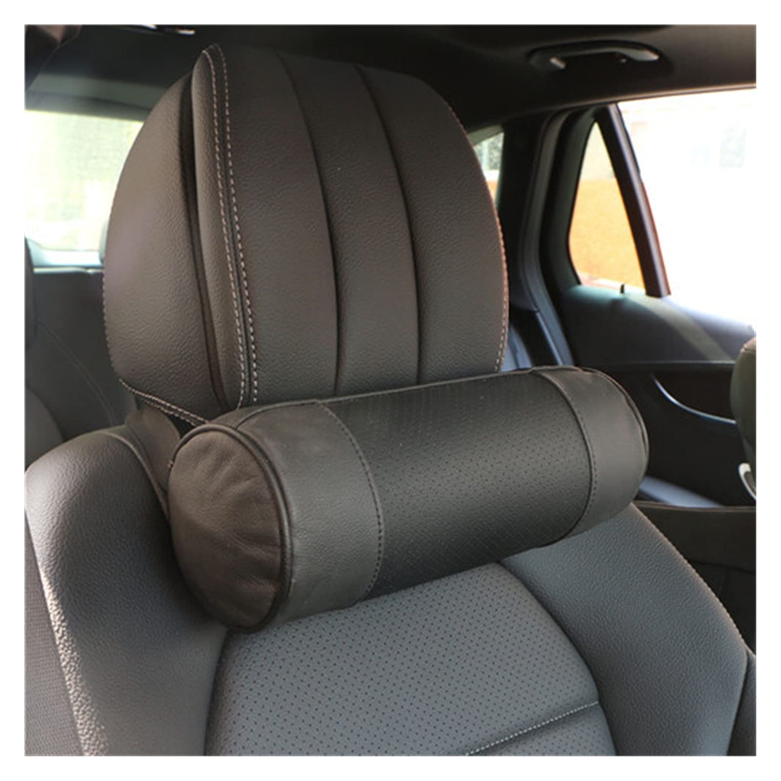 Memory Foam Auto Collo Cuscino/Vera Pelle Auto Cervicale Rotondo Rotolo Sedia da Ufficio Supporto Poggiatesta Supporta Cuscino Nero (Color : Black)