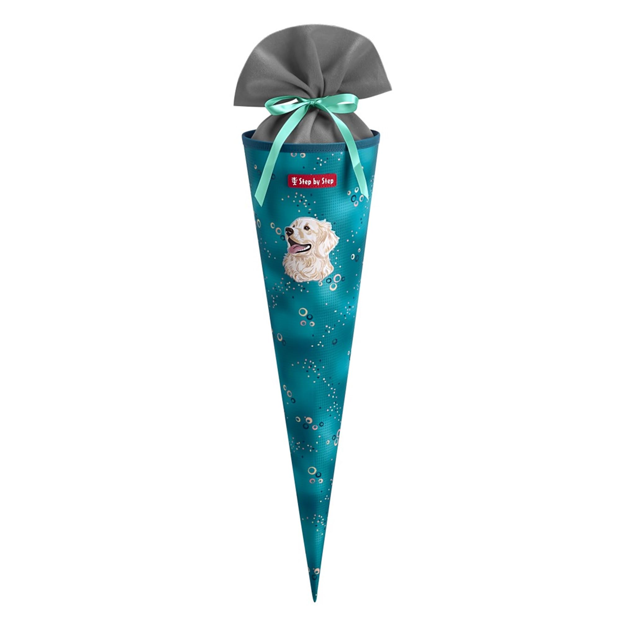 Step by Step Schultüte „Dog Basty“, türkis, passend zum Schulranzen, aus recycelten PET-Flaschen, Verschluss aus Stoff,5 l Füllvolumen, 70 cm Höhe