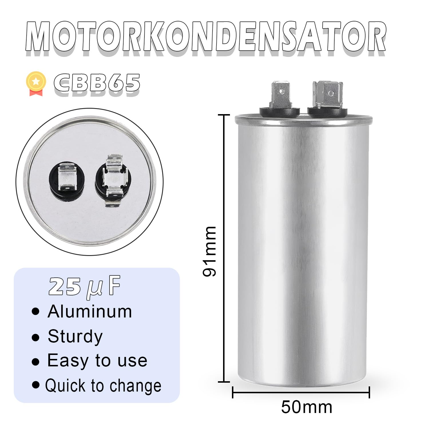 Condensatore motore CBB65 25uF 450V AC 50/60Hz auto-guarigione alloggiamento metallo per aria condizionata