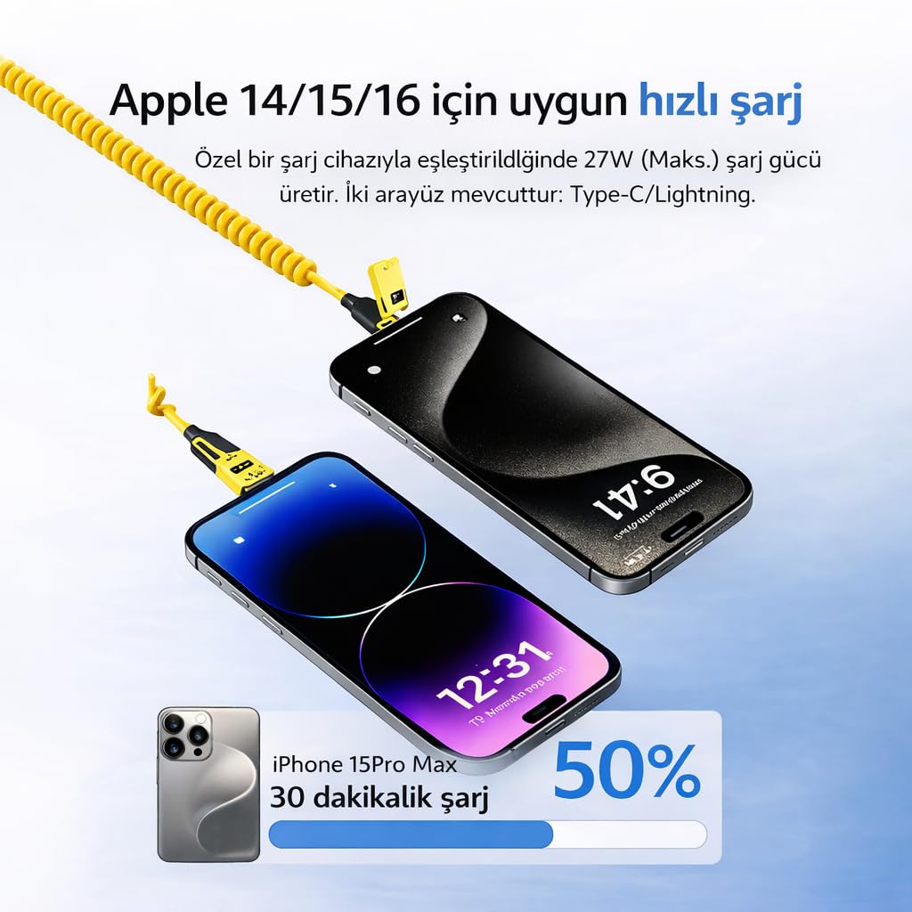 4’ü 1 Arada 65W Yaylı Hızlı Şarj Kablosu Type-C & Lightning PD Destekli, Dolaşmaz Spiral Tasarım, 1.5m Uzayabilir, Araç & Ev Uyumlu Şarj ve Veri Kablosu (Siyah)
