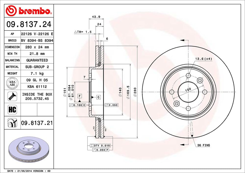 Brembo 09.8137.21 - Disco Freno con Verniciatura UV (Set di 2) - Anteriore