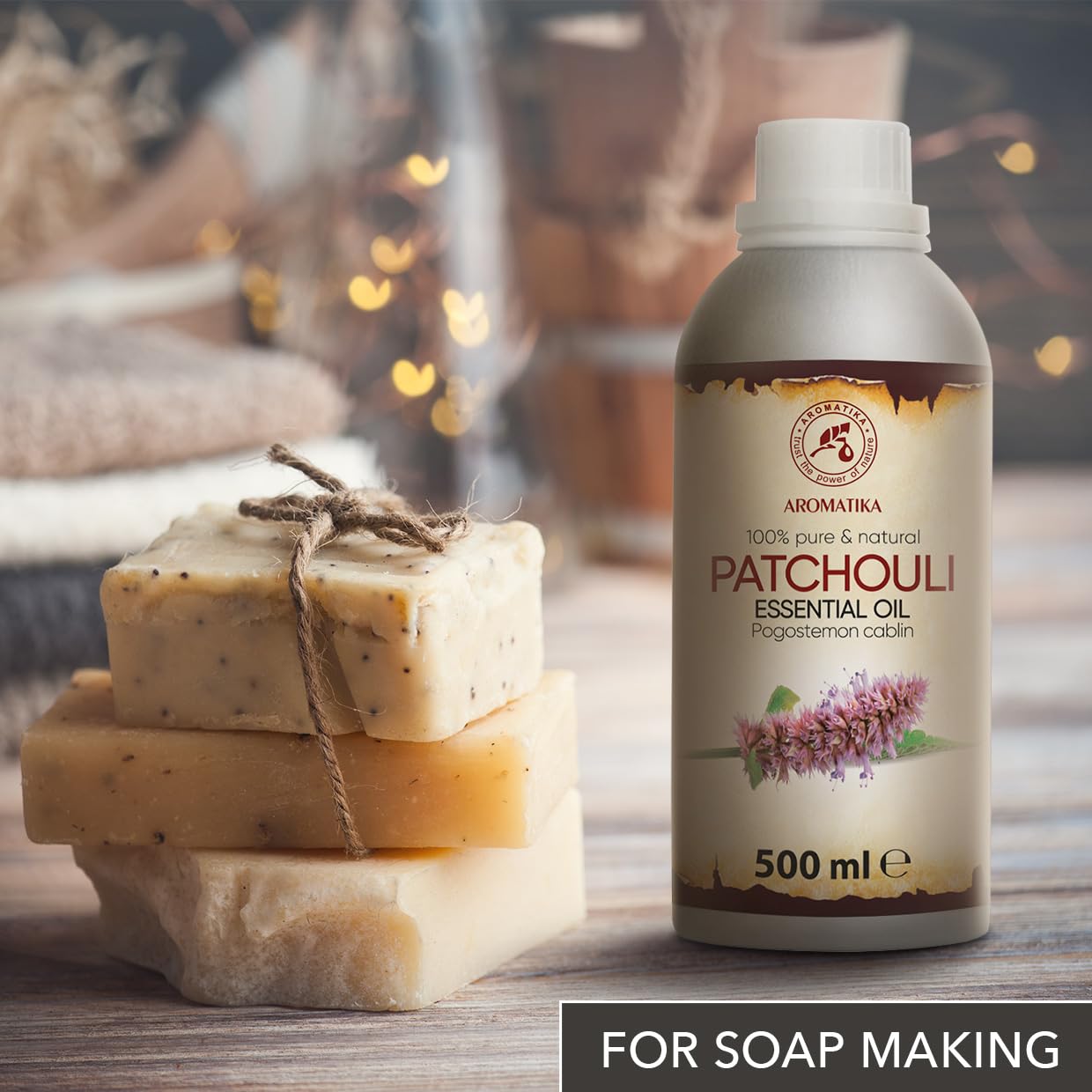Ätherisches Patchouliöl 500ml - Pogostemon Cablin - Patschuliöl Naturrein - Aromaöl aus der Glasflasche für Aromatherapie in Diffusers und Duftlampen - Patchouli Öl für Duftkerzen und Seifen