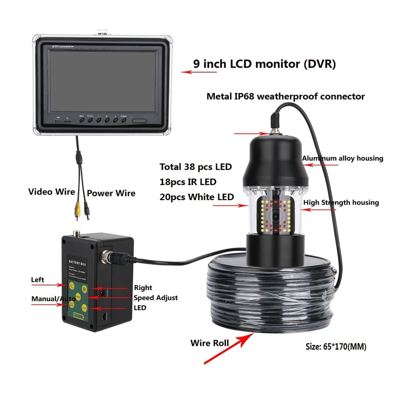 Buscador de Peces, Cámara de Pesca submarina DVR 9 Pulgadas, Resistente al Agua IP68, con 38 LED y rotación 360 ​​Grados, Alcance 20 m, 50 100(50M)