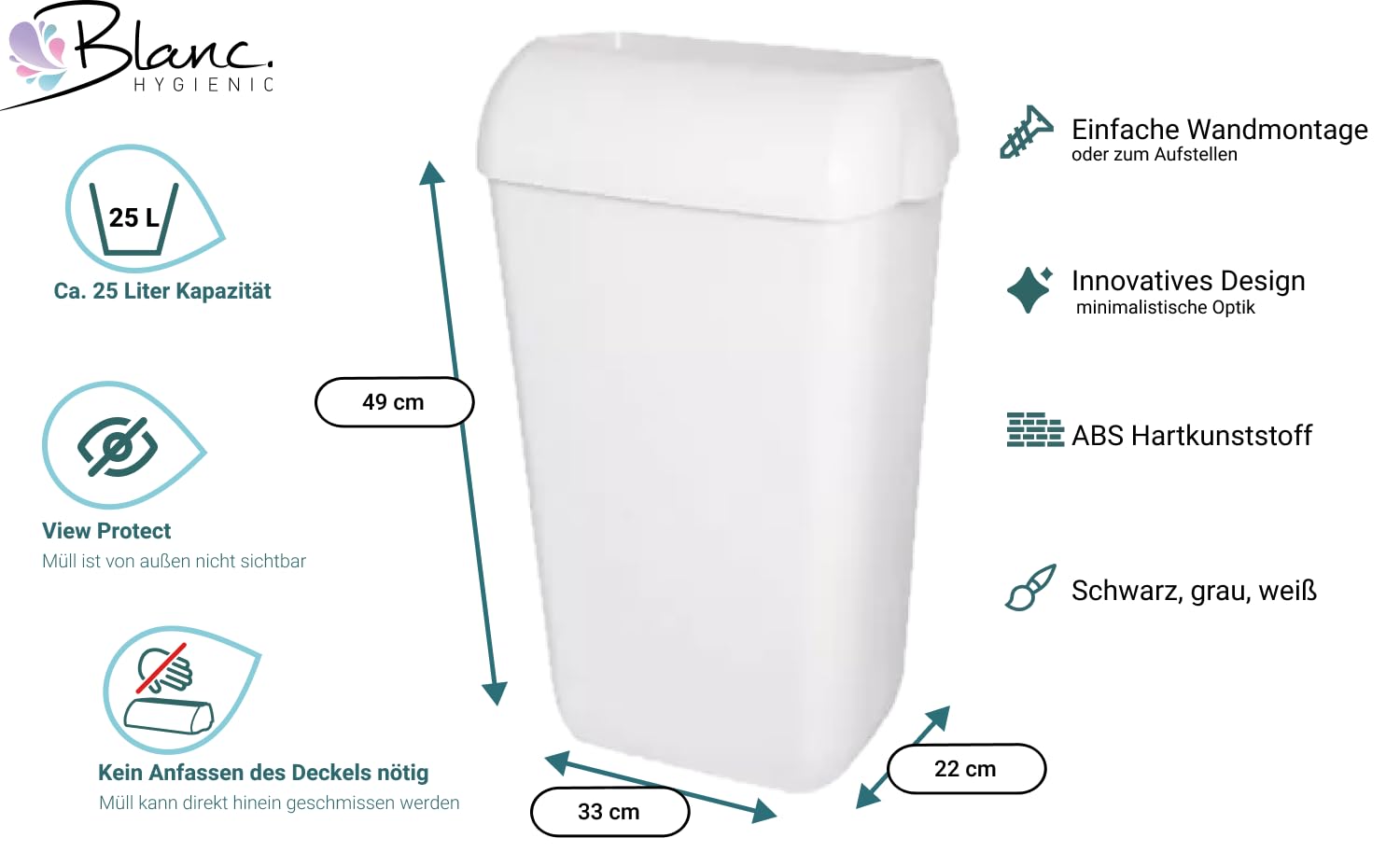Premium BIN Abfallbehälter 25 Liter Weiß | ABS-Kunststoff, Einwurfwölbung, Deckel & Wandhalterung inkl., für Sanitärraum, Büro, Küche & WC