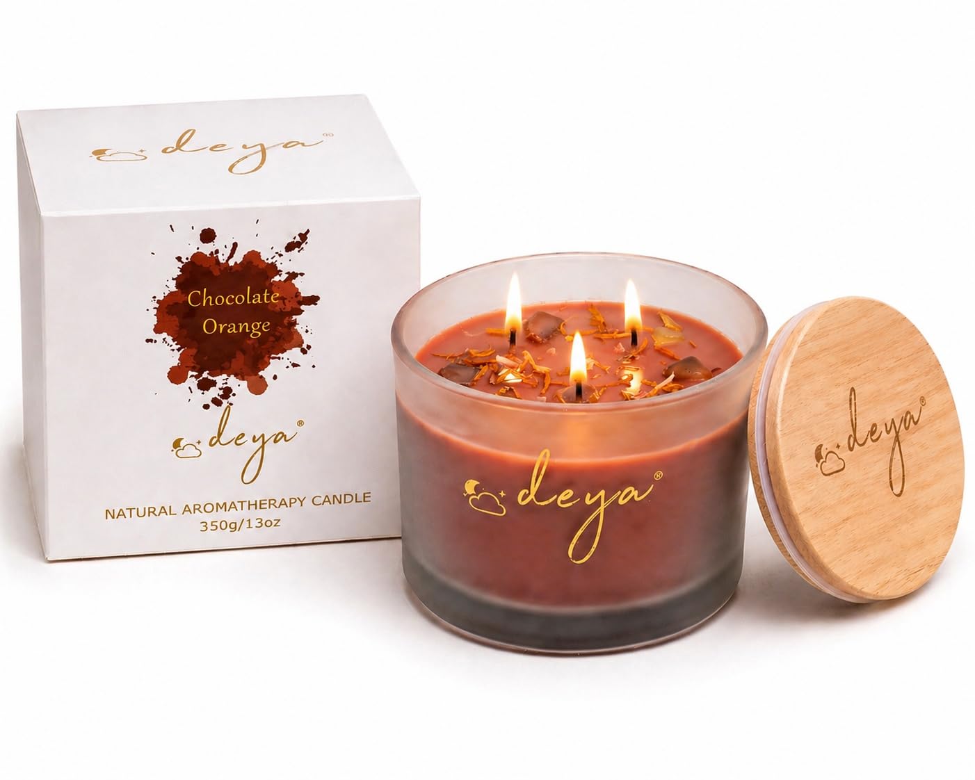Deya Natural Soy Wax Candles | Healing Crystals&Dried Flowers | 3 Wick Candle | Up to 45 Hours Burning Time |Frosted Glass Jar | Vegan | Aromatherapy | Best Gift for Men and Women