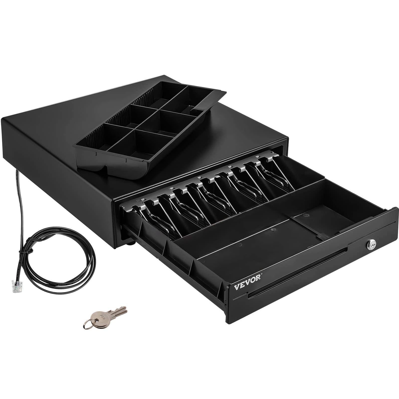 VEVOR Cassetto per Registratore di Cassa, Cassetto Portasoldi Apertura Automatico con 3 Metodi di Sblocco, Cassetta Portavalori con 5 Scomparti per Banconote e 6 per Monete, 41 x 42 x 10 cm (Nero)