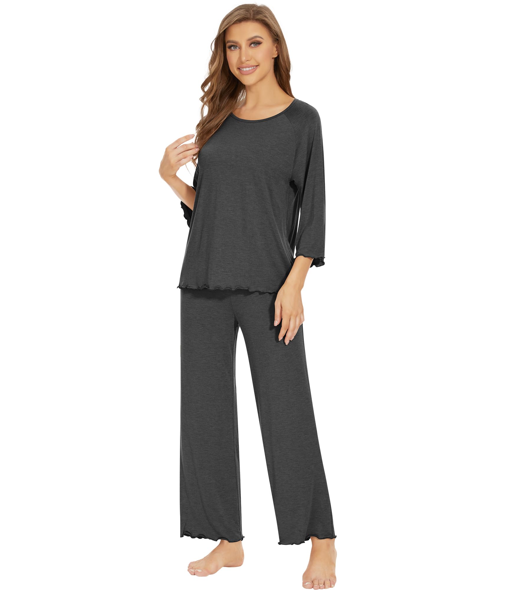 WiWi Bamboo Viscose Pajamas for Women Soft 3 4 Sleeve Pajama Sets Loose Knit Sleepwear Casual Pj Set