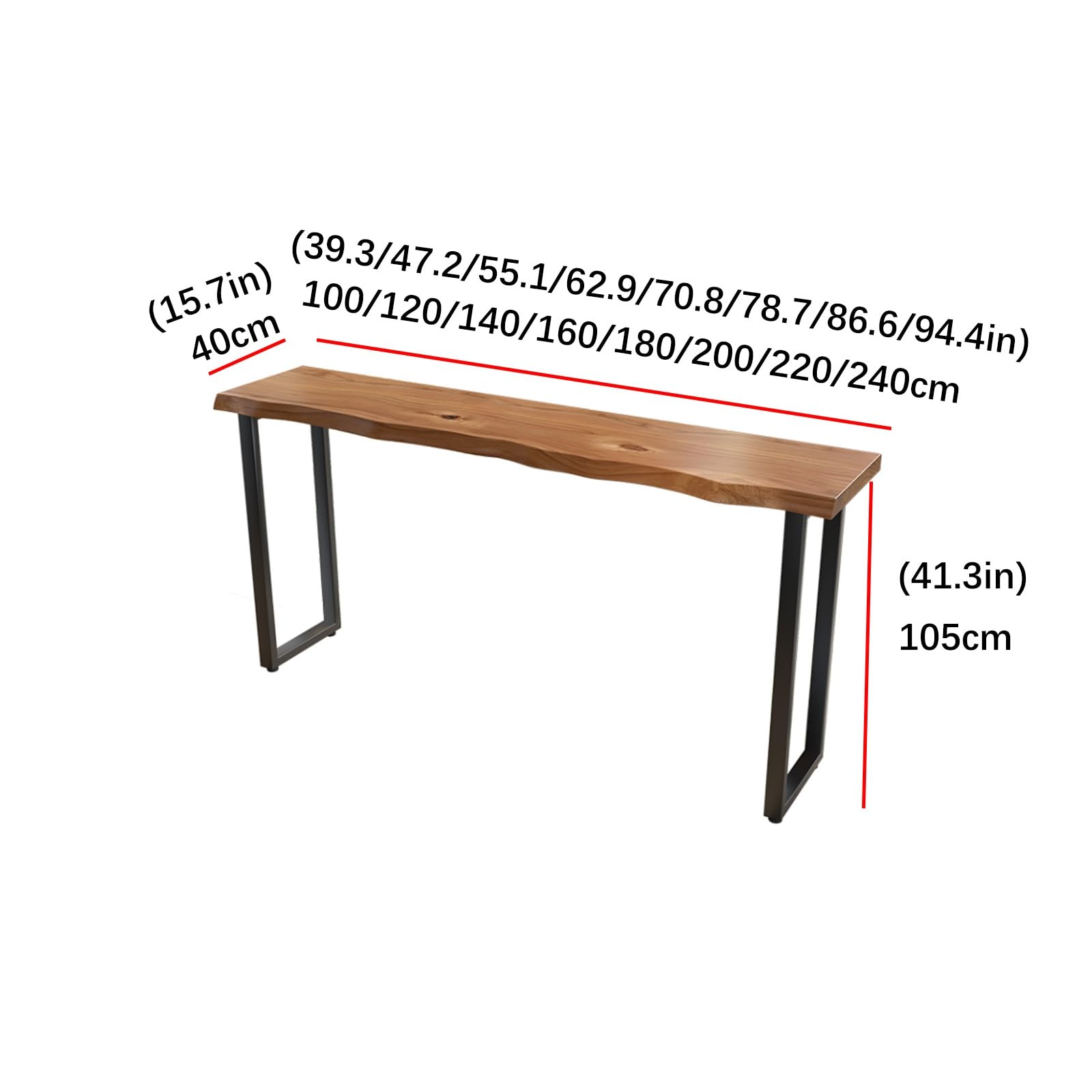 Live Edge Stół do jadalni z litego drewna – nowoczesny prostokątny blat barowy o wysokości do kuchni i jadalni 240 cm / 94.4in / 94,4 cala bez stołków w zestawie