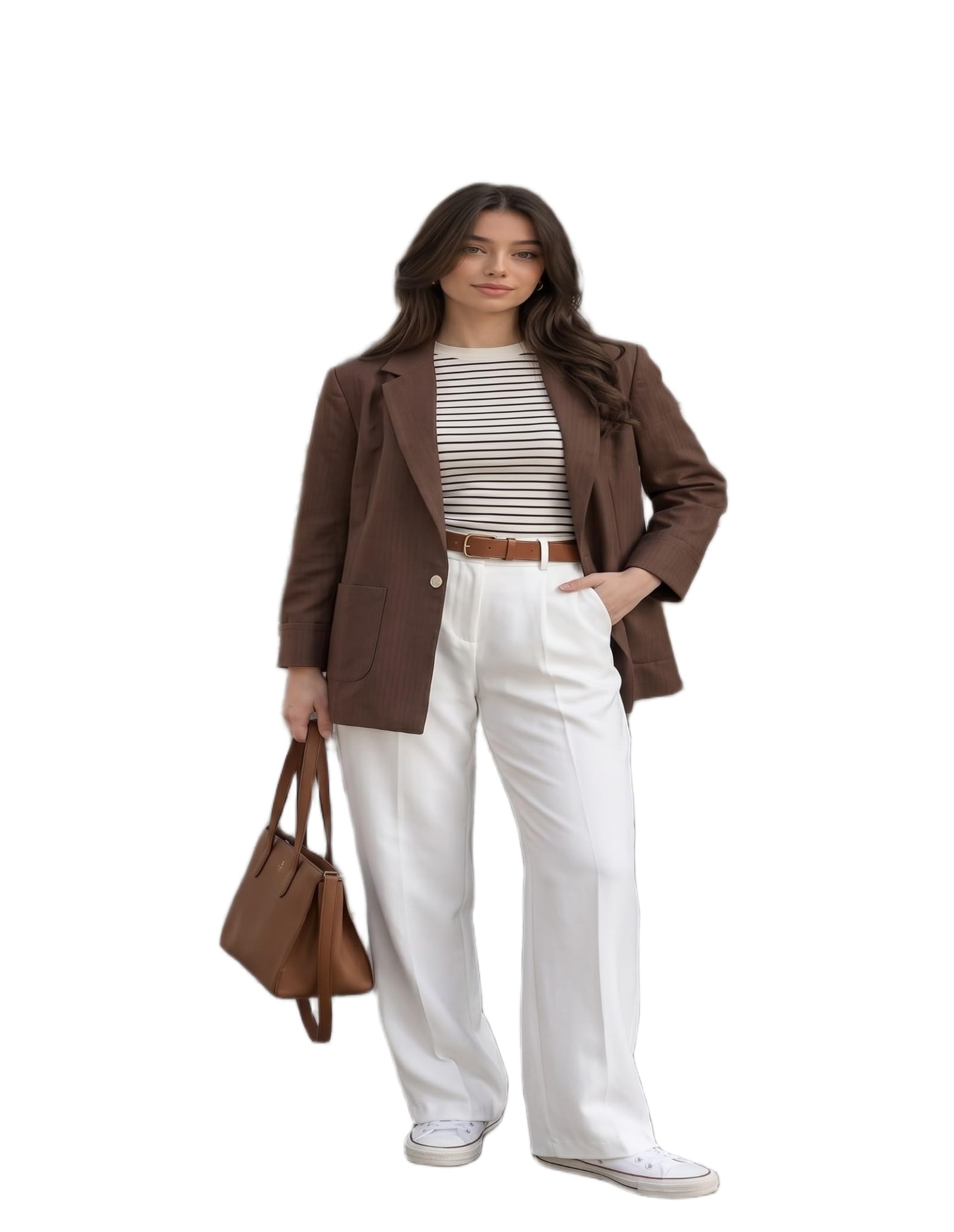 Plus Size Women's Chic Brown Suit Jacket – Herringbone Texture, 3/4 Sleeve, Flap Pocket Detail, Modern Fit-picture-18