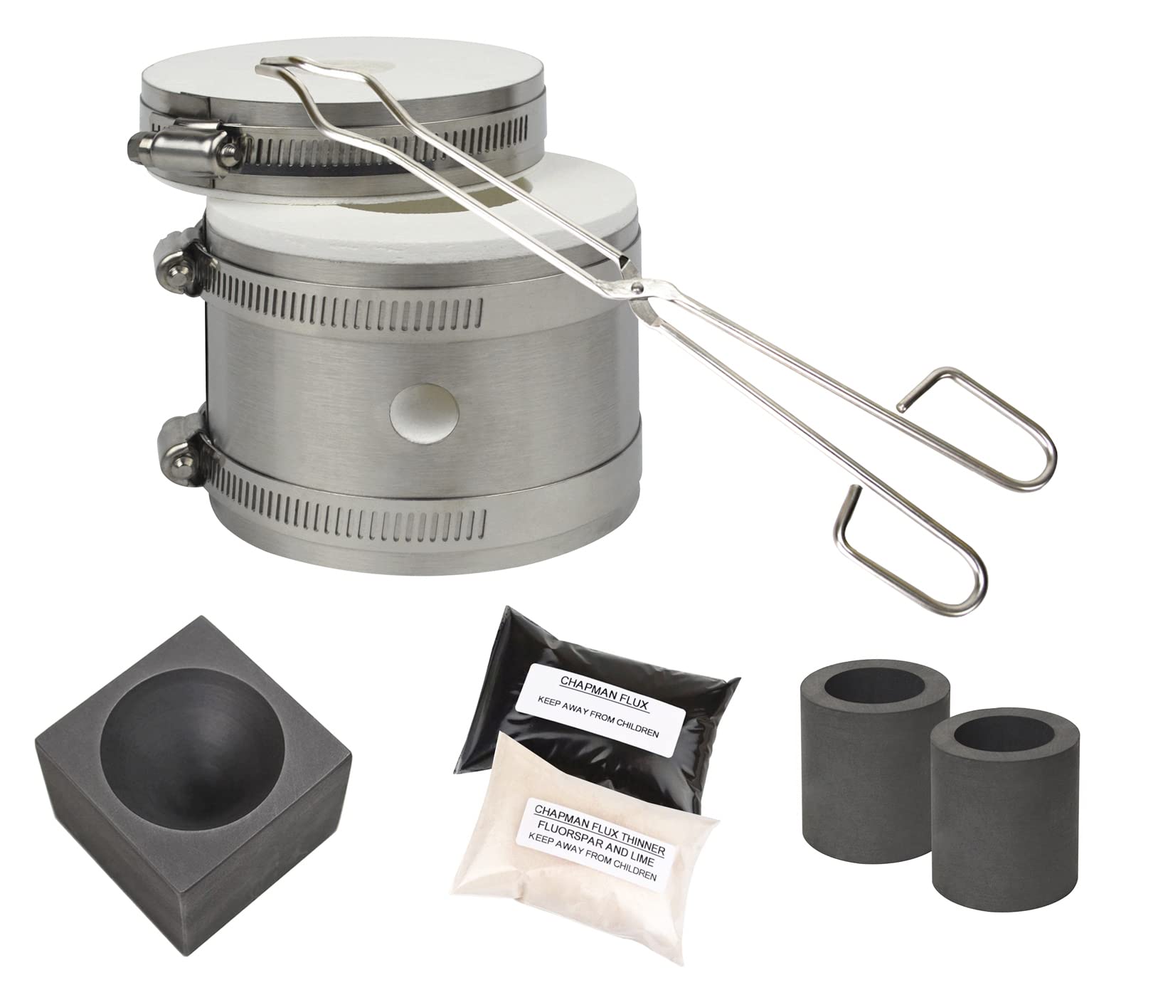 PMC Supplies LLC Mini Tabletop Pro Kiln Kit w/Tongs Chapman Flux Flux Thinner Conical Mold & 2 Graphite Crucibles Jewelry Making Gold Silver Melting Casting Gas Furnace Kit