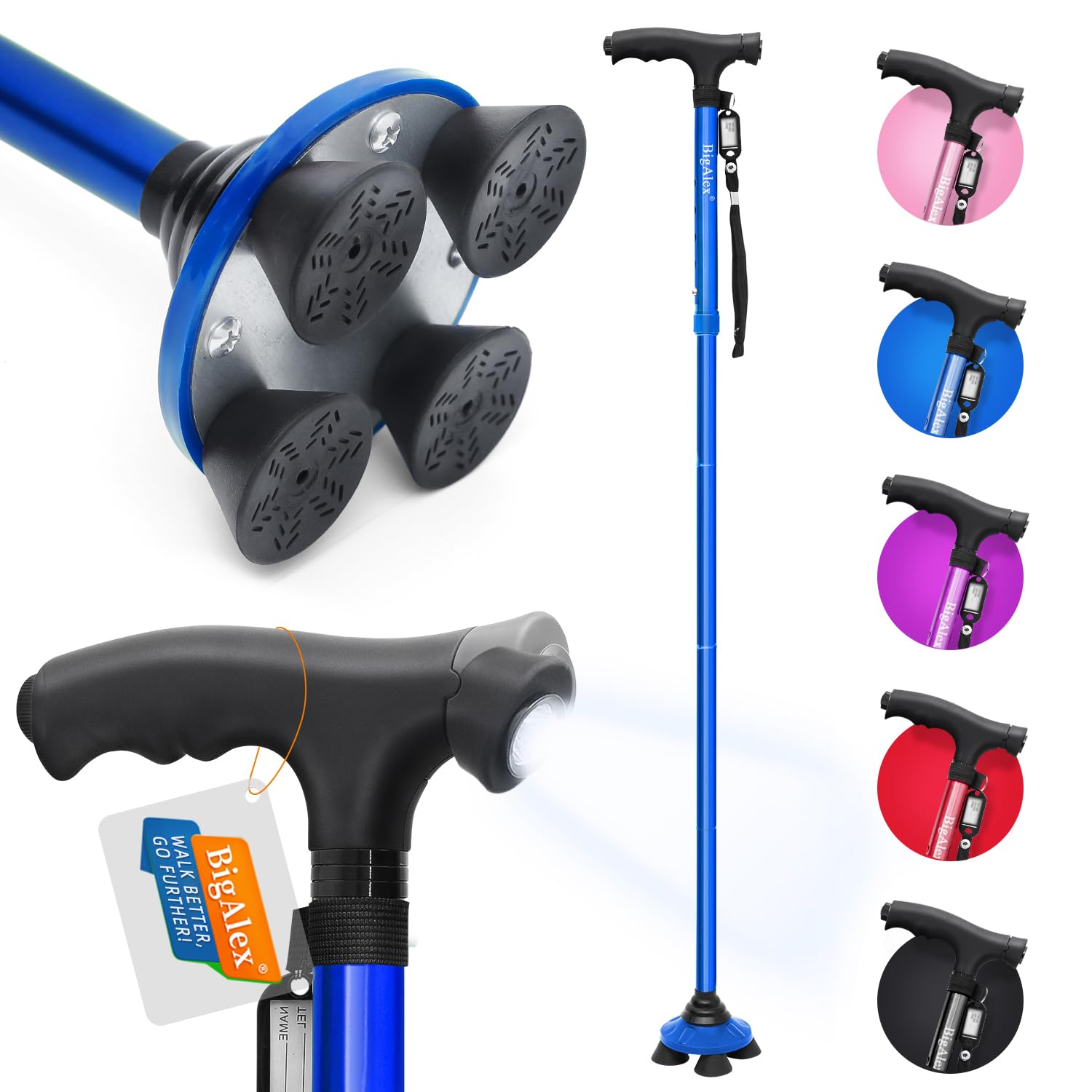 BigAlex Bastone da passeggio pieghevole con luce LED, base girevole quad, regolabile con borsa per il trasporto uomo/donna (base in lega MG)