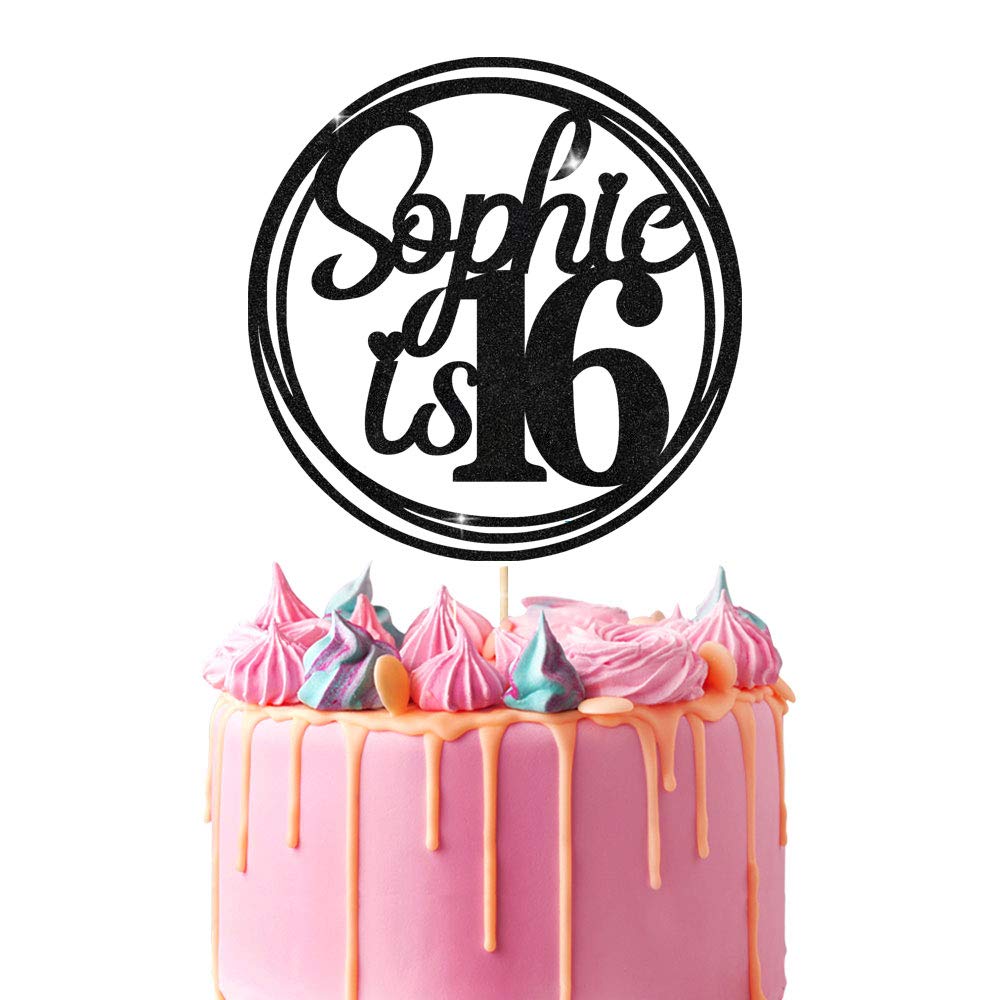 Personalised Birthday Cake Topper | Customized with Any Name Any Age 16 18 21 40 60 Party Cake Decoration | Double Sided Glitter Card | Black
