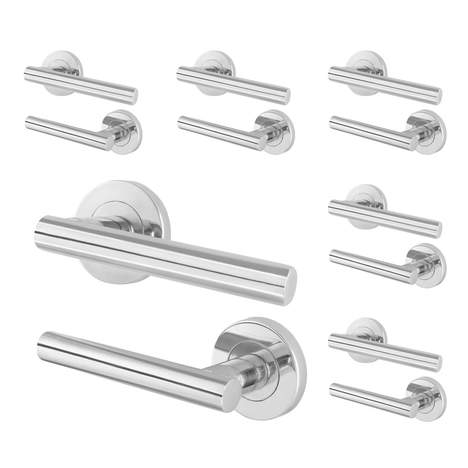 EAI Internal Door Handle Polished Chrome | 6 Pairs Silver Lever on Rose Round Handles | Oliena Range