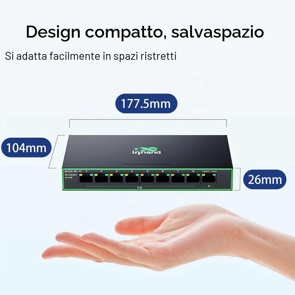 InHand Networks Switch di rete Gigabit,9 Porte Gigabit Porte con 8 PoE+ fino a 120W,ogni porta fino a 30 W,Plug & Play,scatola in metallo ad alta dissipazione del calore con spina di alimentazione EU
