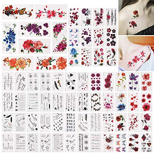 BENBO 68 Sheets Temporary Tattoos for Women Girls Adult Fake Tattoo Flowers, Butterflies and Multi-Colored Mixed Style Transfer Body Art Stickers Waterproof Temporary Tattoos Stickers