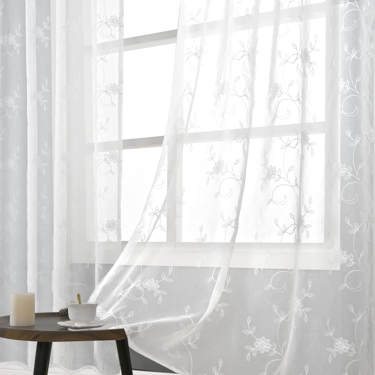 YoungsTex Lace Sheer Curtains 63 Inch Length for Living Room, Faux Linen White Window Drapes with Rod Pocket Light Filtering Lightweight for Bedroom, 2 Panels, 42 X 63 Inch 42"W x 63"L (Pack of 2) R-sunflower