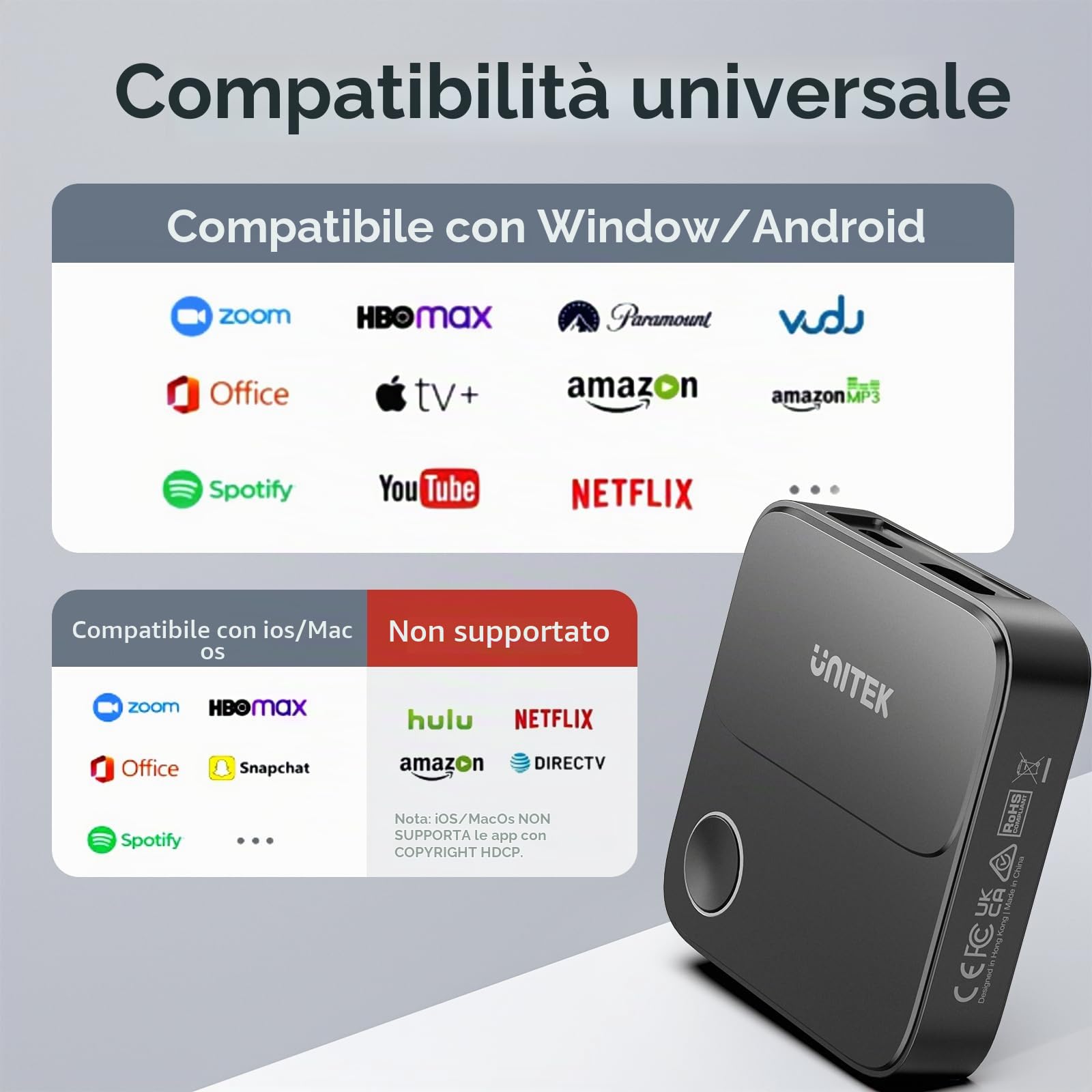 Unitek Adattatore dongle wireless HDMI – 2.4G/5G 4K Screen Mirroring ricevitore TV Casting Device Screen Mirroring Adapter