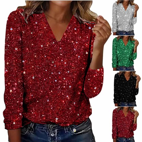 Sparkly Tops for Women Going Out Sequin Tops for Women Long Sleeve Glitter Sparkly Shirts V Neck Dressy Date Night Party Holiday Outfits Blouses Red