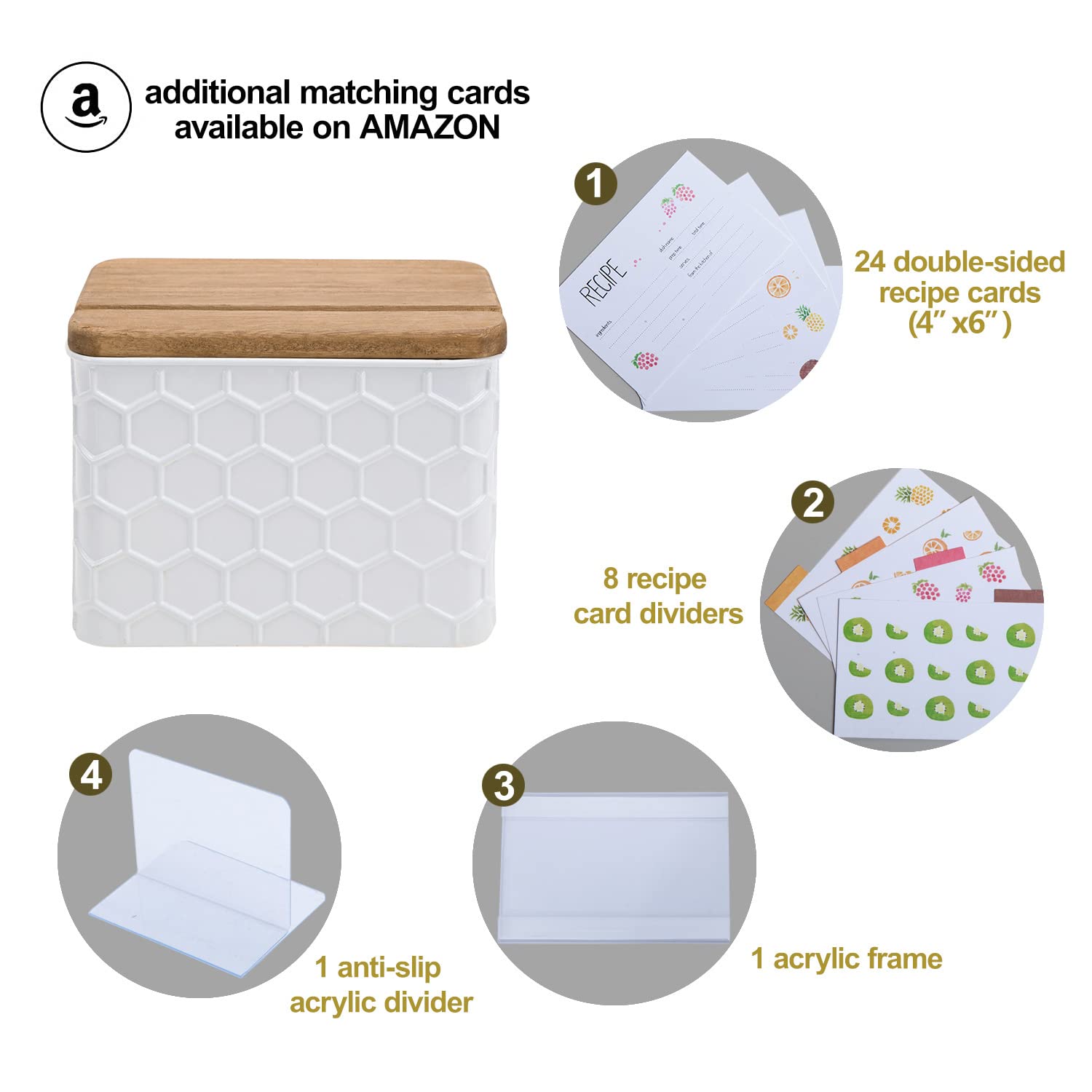 NIKKY HOME Kitchen 4x6 Metal White Recipe Box with Cards and Dividers, Honeycomb Embossed Pattern