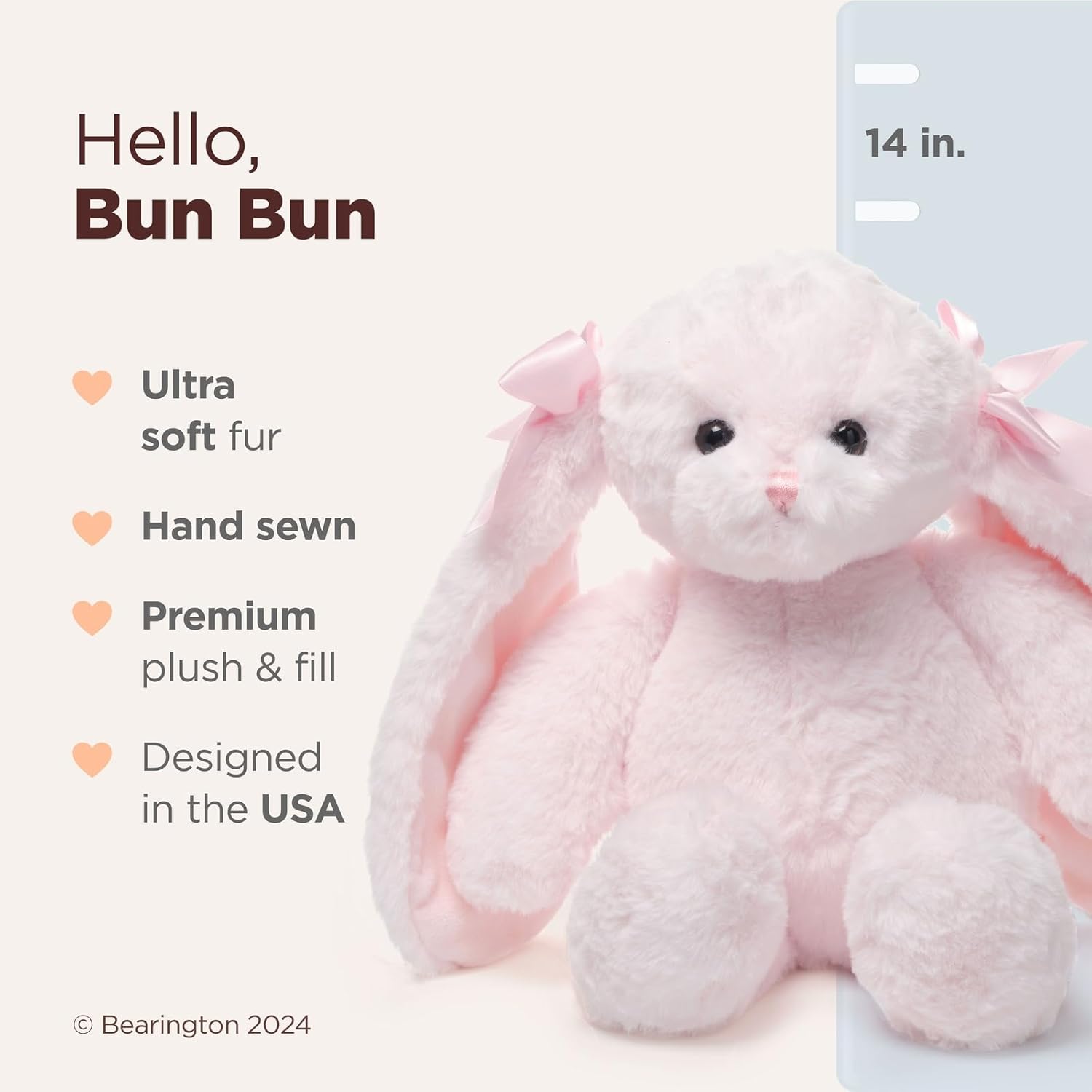 Bearington Light Pink Plush Easter Bunny Stuffed Animal - 14" Soft Cuddly Easter Rabbits with Fluffy Fur and Long Ears - Adorable Stuffed Bunnies Toy Gifts for Kids, Babies, and Holiday Celebrations