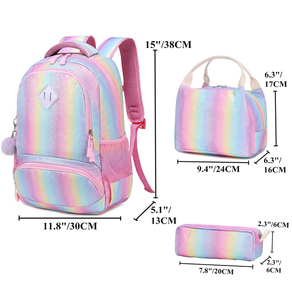 Mädchen Schulrucksack Regenbogen Rucksack Glitzer Teenager Schultaschen Set Bunte Schulrucksäcke Tagesrucksack für Reise Arbeit Hochschule