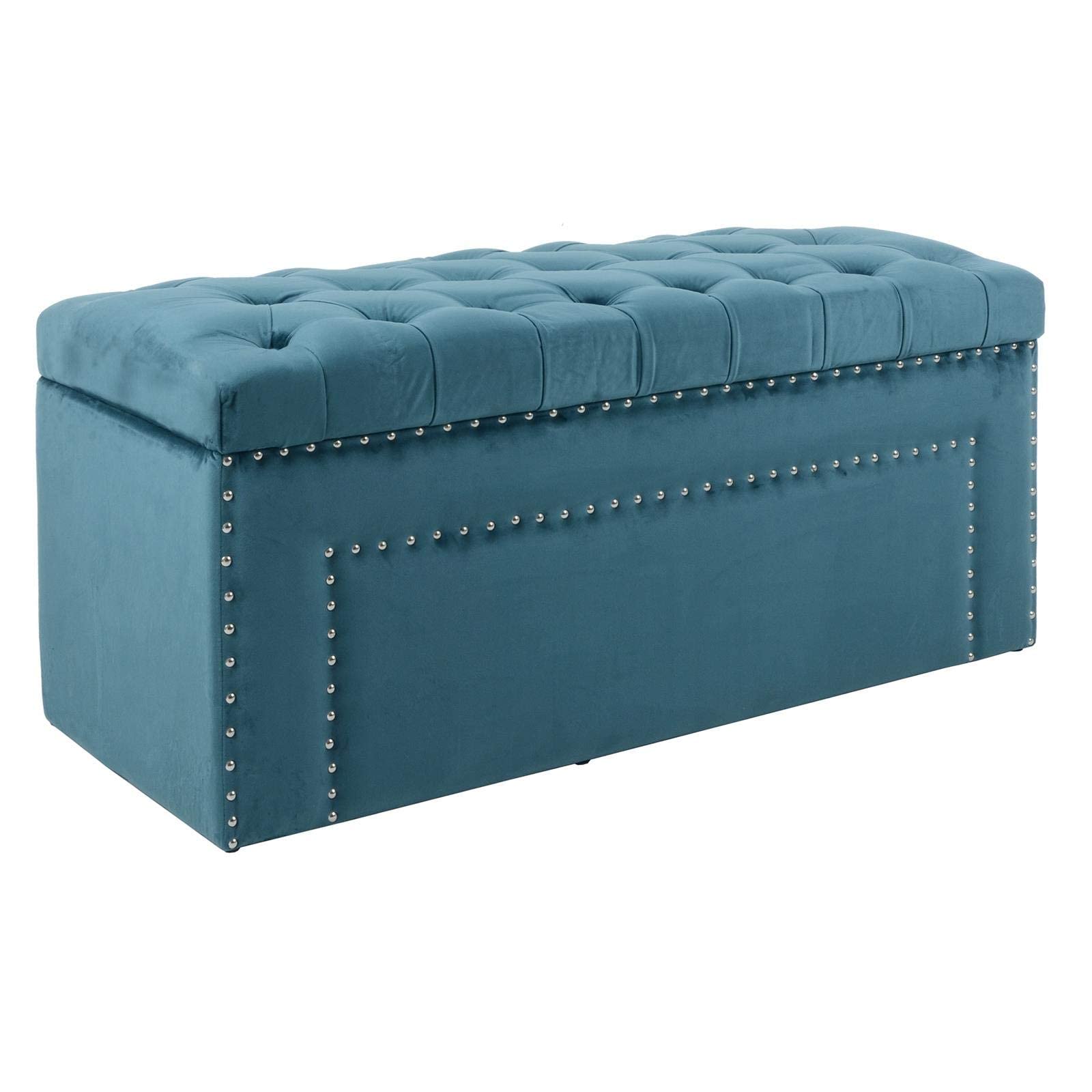 Hodge and Hodge Large Storage Ottoman Padded Velvet Seat Bench Blanket Box Silver Studs Teal