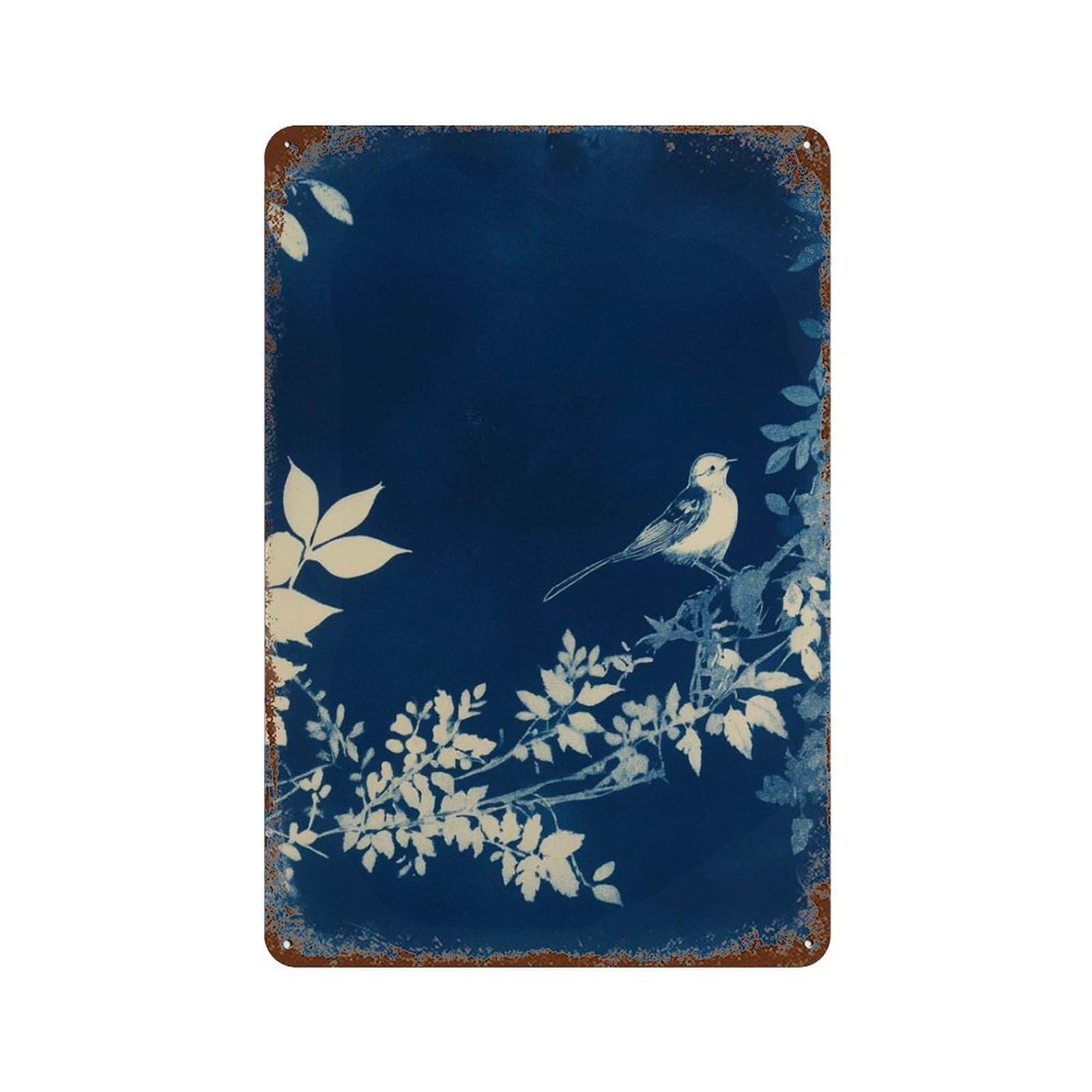 xiaoxiaoshen Blue Bird And Leaves Nature Minimalist Botanical Cyanotype Style Tranquil Wall Decor Art Metal Tin Poster Modern Home Decor Art Home Bar Shop Decorations Vintage Sign 30x20cm