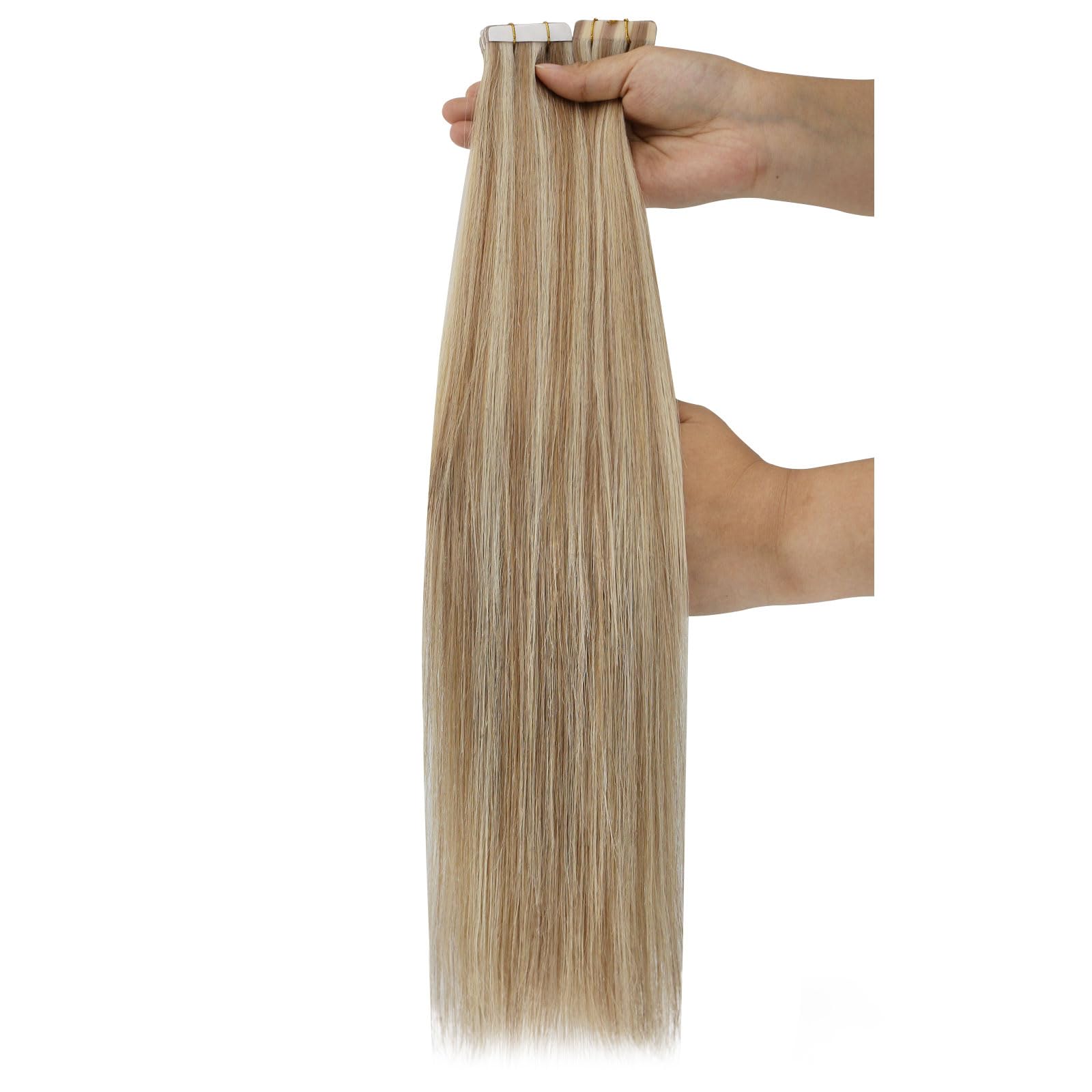 Ugeat Przedłużanie Włosów Taśma, Włosy Ludzkie, Pasemka Złocisty Brąz, 50 cm 20 sztuk 50g, Przedłużanie Włosów Tape in, Platynowym Blondem, Remy Naturalne Proste