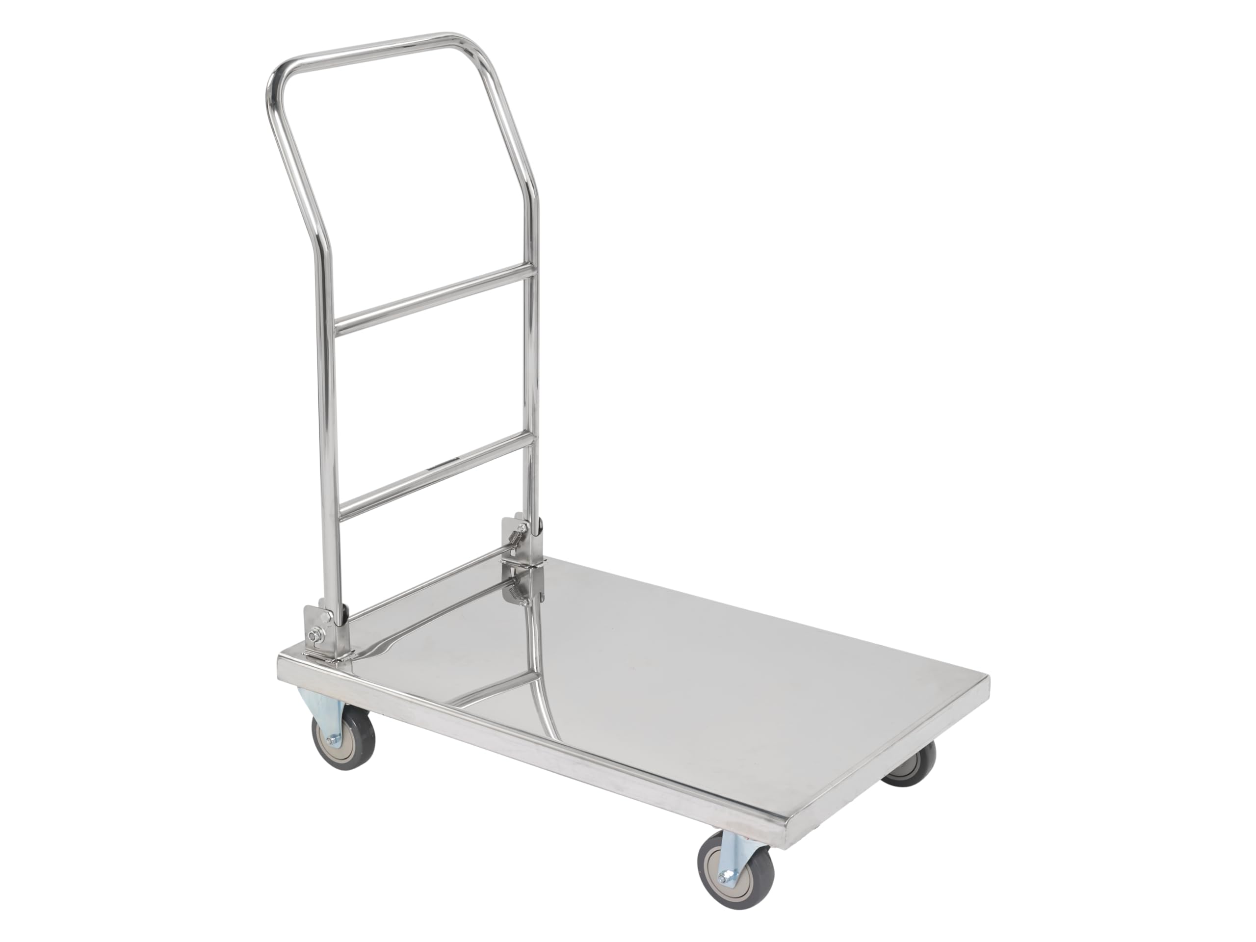 The Workplace Depot Stainless Steel Platform Trolley, Heavy Duty 150Kg Load Capacity Flatbed Hand Truck With Ergonomic Folding Handle On Smooth Running Castor Wheels
