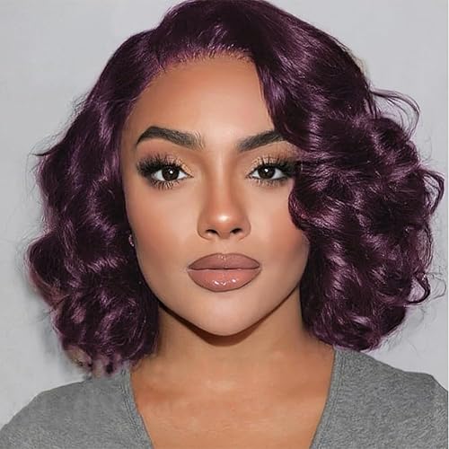 QNQZ 12inch Purple Bob Wig Human Hair Pre Plucked with Baby Hair 13x4 Dark Burgundy Body Wave Lace Front Wigs Human Hair 180% Density Deep Purple Body Wave Wigs for Black Women