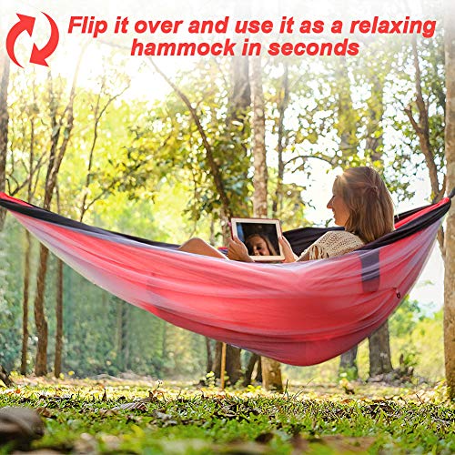 Hieha Double Camping Hammock with Mosquito Net, Portable Nylon Hiking Hammocks for Trees, Travel Outdoor Gear Camping Essential Hammock for 2 Adults(Red)