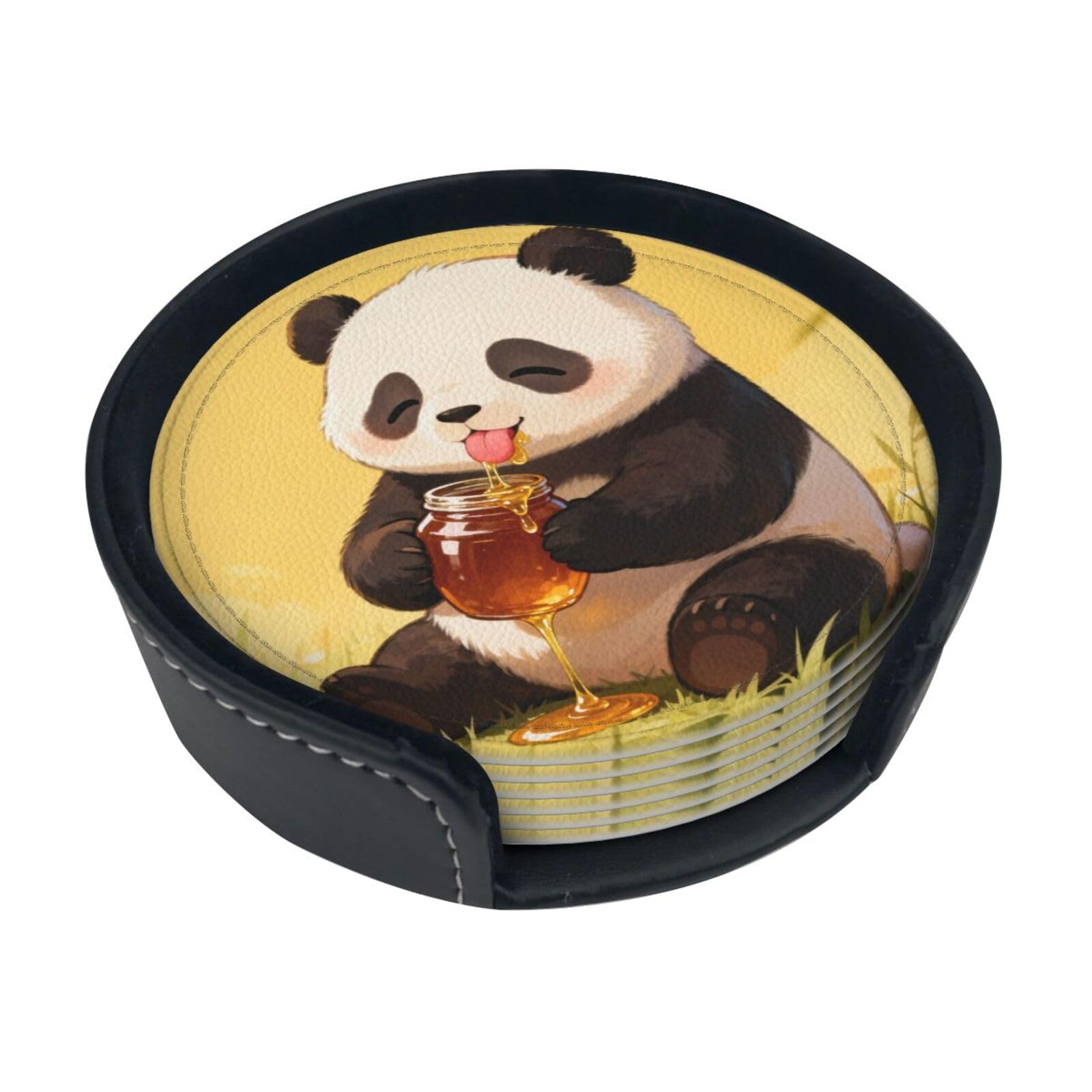 Cntdbu White Panda Drink Honey Leather Coasters Set Of 6-Pu Leather Drink Mats For Table, Heat Resistant Round Coasters With Holder