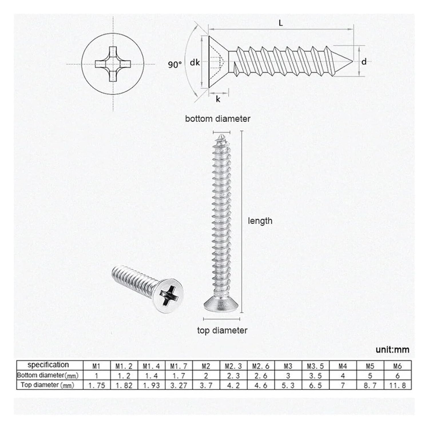 Tornillos autorroscantes de cabeza plana avellanados cruzados M3 .5 M4 M5 M6 M8 de acero inoxidable Phillips para muebles (75 mm x 50 unidades, M6.3)