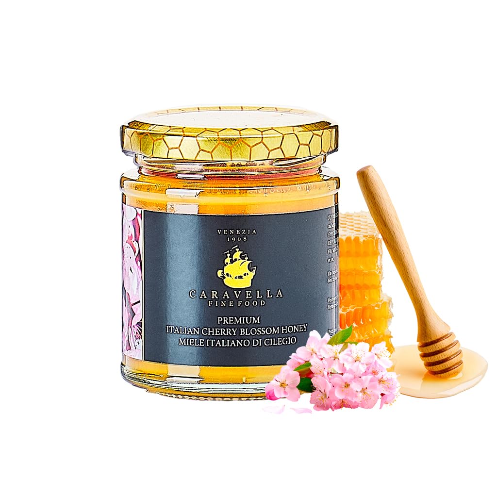 4x Miel de Fleurs de Cerisier 250g Caravella Fine Food| Italien Fleurs de Printemps Pur Cru Riche en Antioxydants| Ambré Clair aux Notes Florales Fruitées|Idéal pour Thé Fromage Petit-Déjeuner Dessert