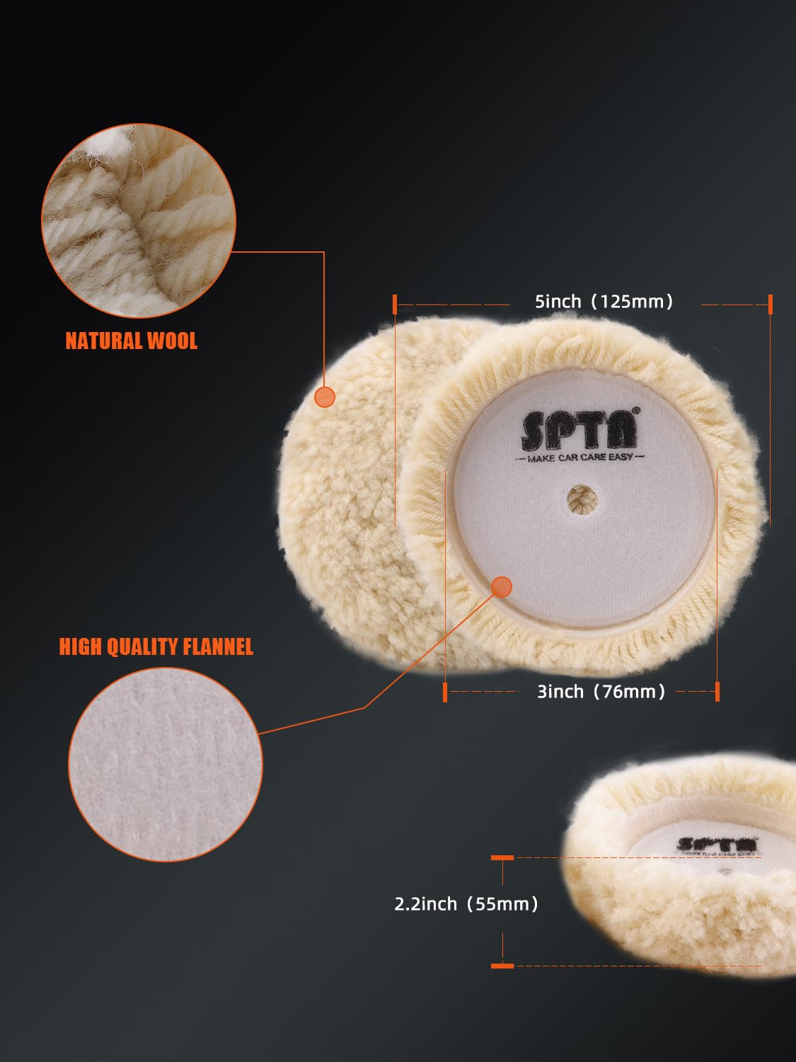 SPTA Set di 5 tamponi per lucidatura in lana 100% naturale, con 1 gancio e fibbia, 1 asta di estensione per trapano, lucidatrice, lucidatura per riparazione auto