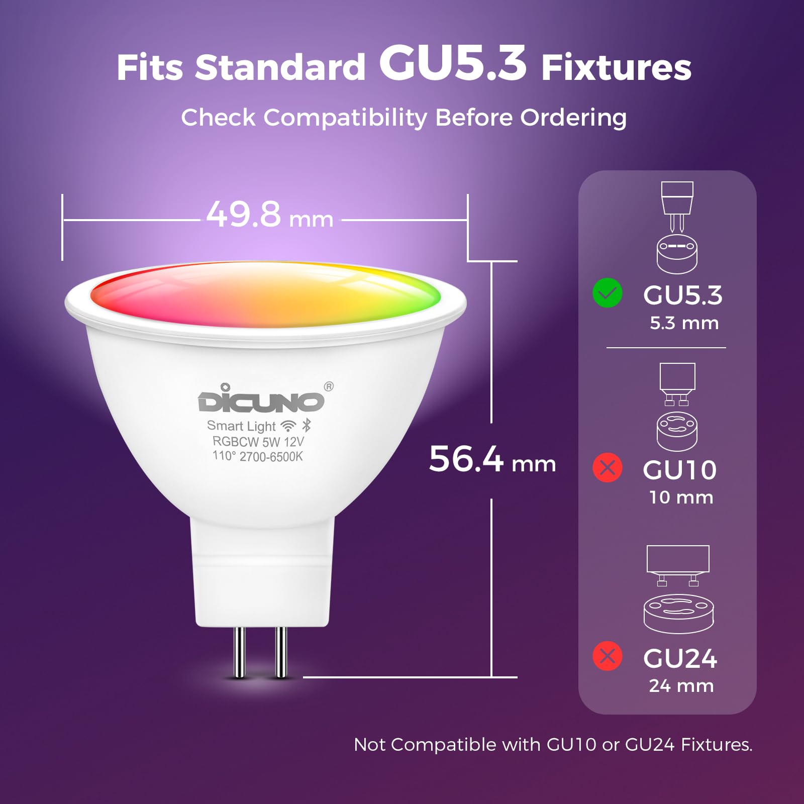 DiCUNO GU5.3 LED Connected Bulb, MR16 Smart WiFi żarówka kompatybilna z Alexa i Google Home, 12 V, 5 W, kolor 2700K-6500K RGBCW, 320 lm, nie wymaga koncentratora, 4