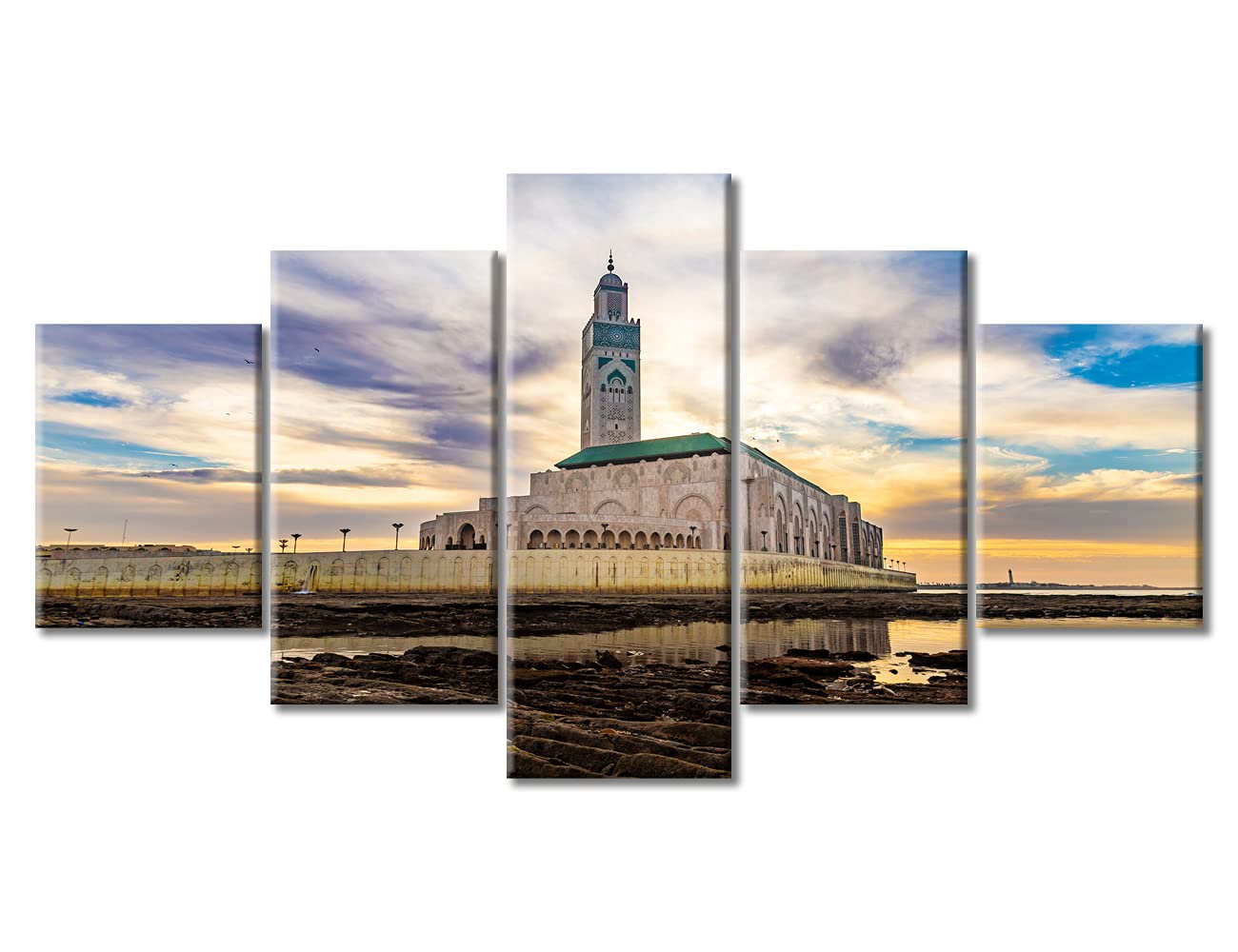 BPA 5 Piece Canvas Wall Art Hassan II Mosque Wall Paintings for Living Room Casablanca Morocco Pictures for Bedroom Prints Artwork Home Decor Framed Gallery-Wrapped Ready to Hang (60''Wx 32''H)